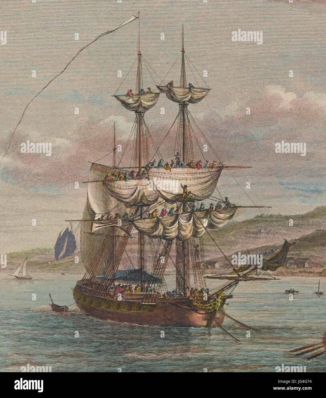 Petite frégate with its gabiers à la manœuvre dans les eaux de la Guadeloupe en 1776 Banque D'Images