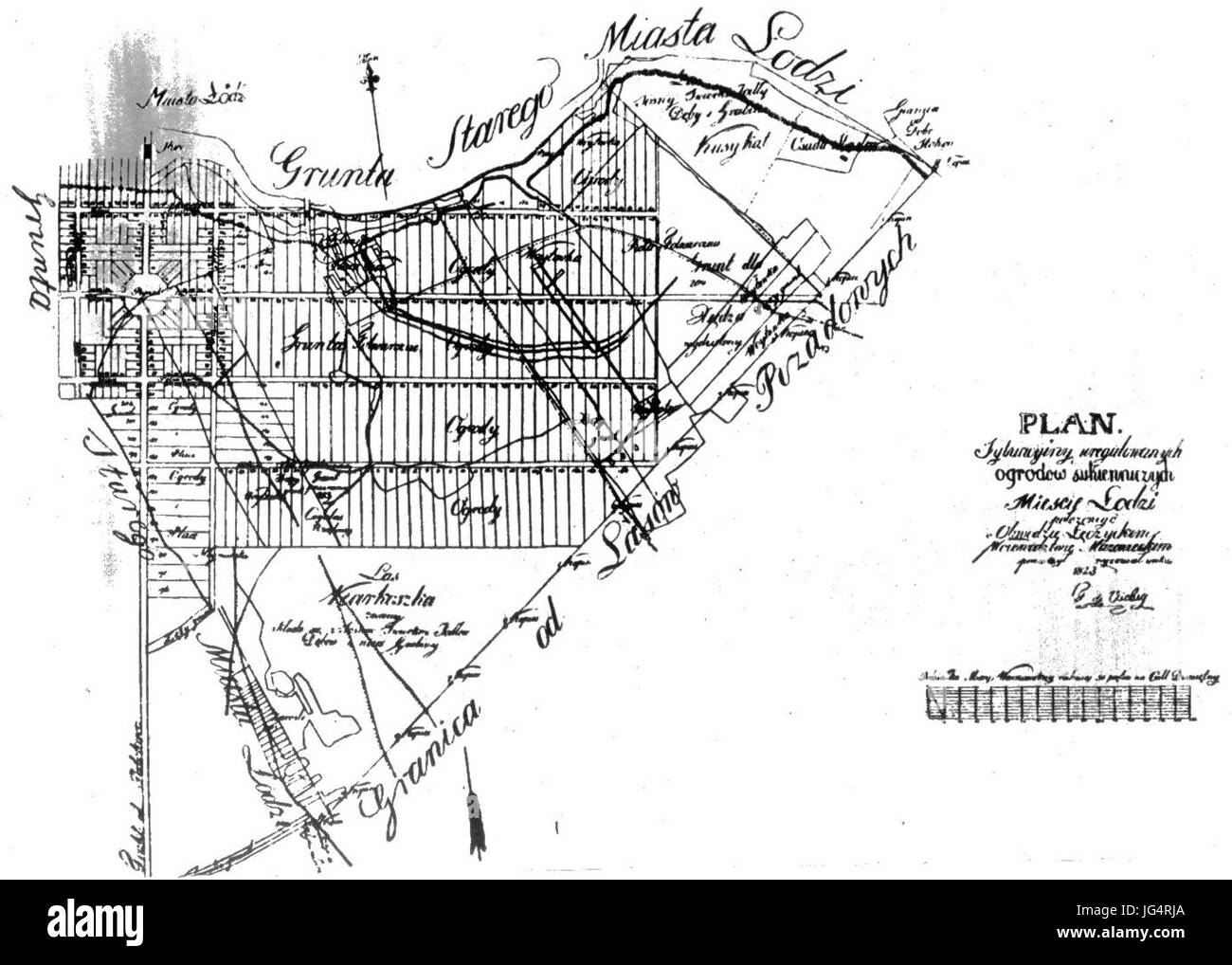 Le Plan Lodzi, datant de 1823, est une carte historique de la ville de Łódź en Pologne. Il montre l'aménagement de la ville au début du XIXe siècle, reflétant le développement urbain et l'infrastructure de l'époque. La carte est une ressource précieuse pour comprendre la croissance historique et la planification de la ville. Banque D'Images