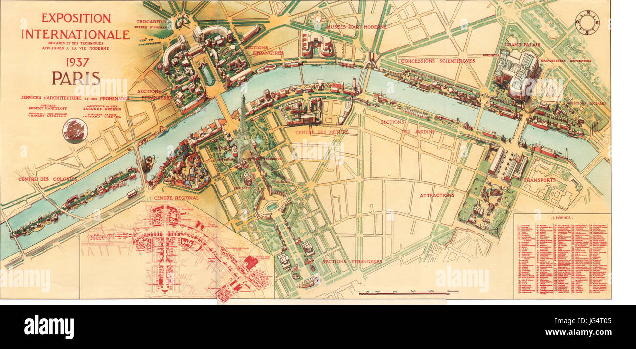 Une carte de l’exposition universelle de 1937, détaillant le plan de l’exposition universelle* qui s’est tenue à Paris. Il met en évidence les principaux pavillons et espaces d'exposition de l'événement. Banque D'Images