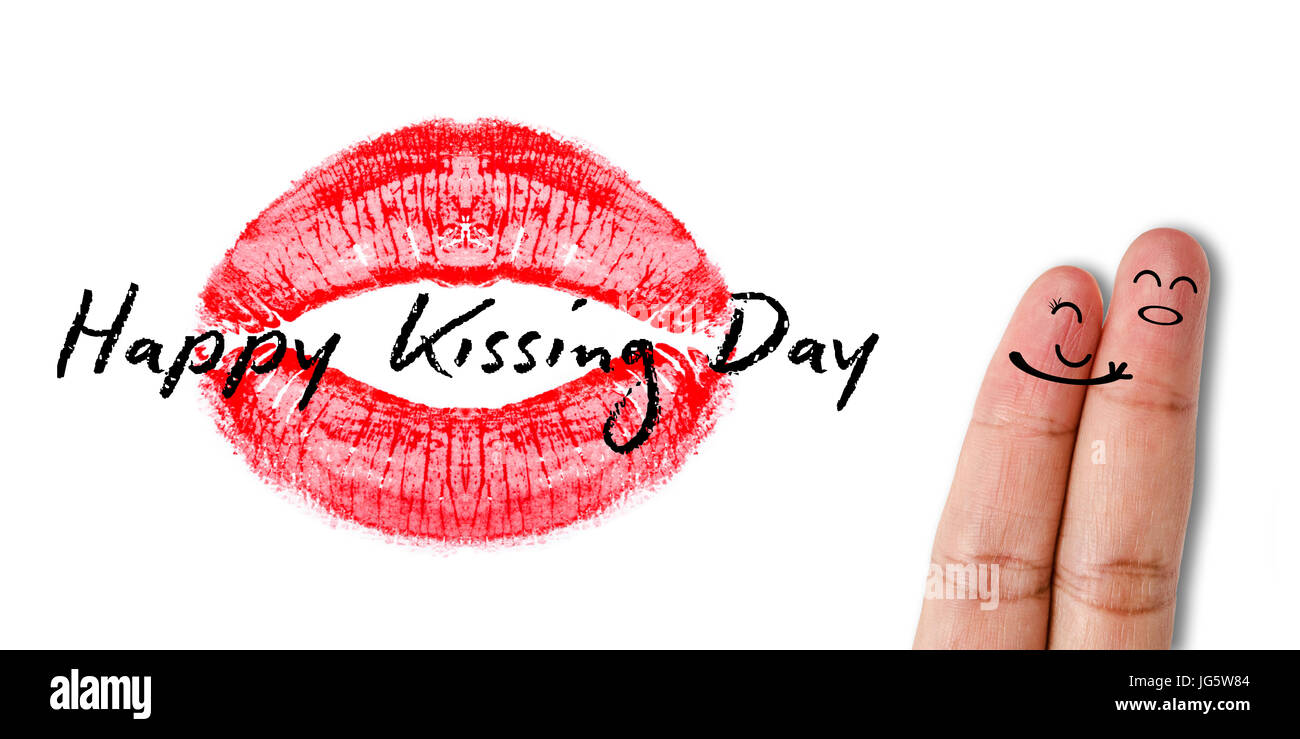 Les baisers heureux jour avec doigt peint baiser. Banque D'Images