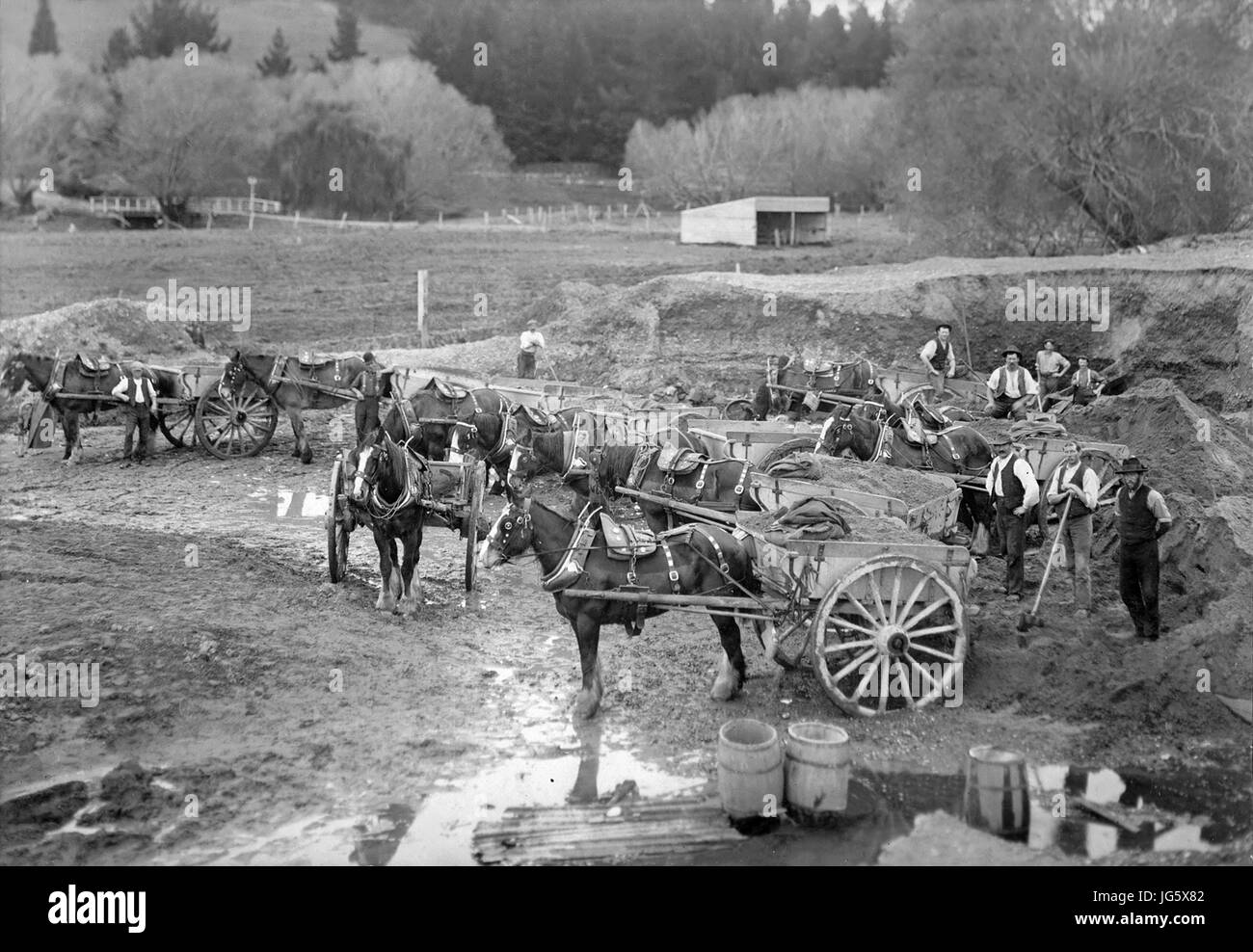 Christchurch, Nouvelle-Zélande - 1890 : Smart, fosse de bardeaux avec les travailleurs, chevaux de trait et Drays à Sydenham, Christchurch. Banque D'Images