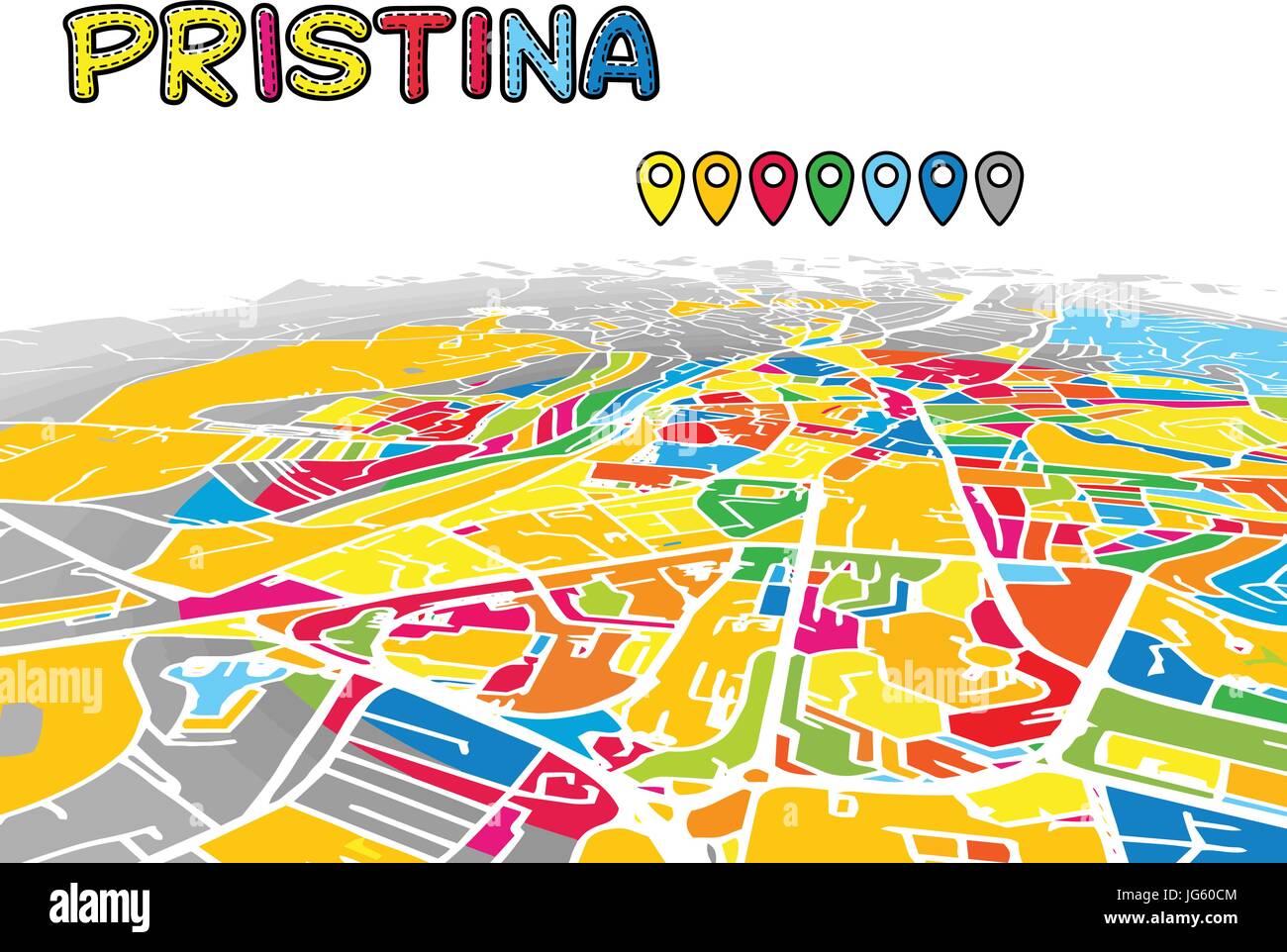 Pristina, Kosovo, le centre-ville de vecteur 3D Plan de célèbres rues. Avant-plan lumineux plein de couleurs. Les rues, les cours d'eau et blanc fond gris areal. Whit Illustration de Vecteur