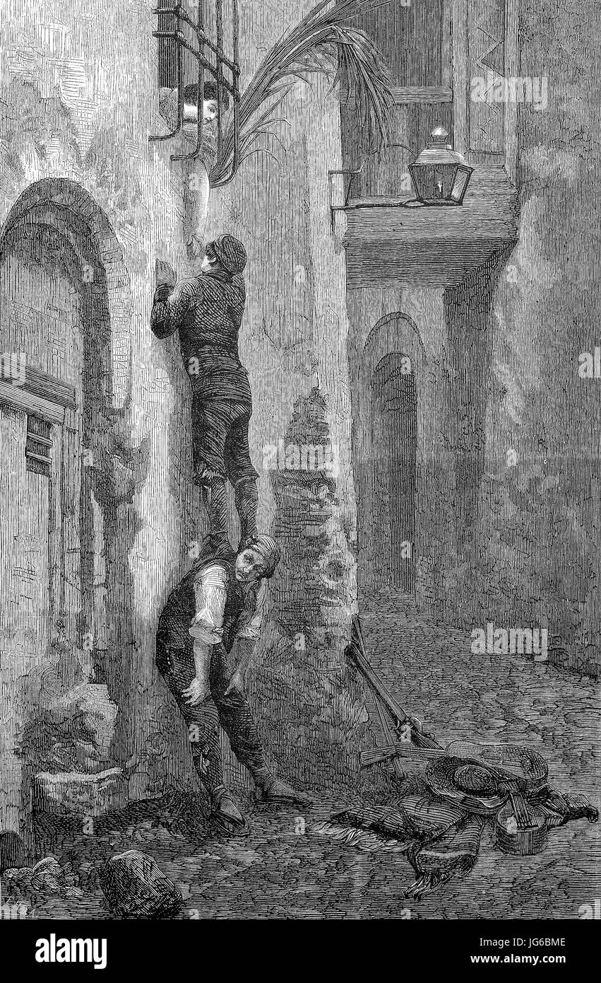 Amélioré : numérique, de la Cour d'un jeune homme en Espagne, debout sur l'épaule de ses amis et de parler à une jeune femme à la fenêtre, les jeunes vivent, illustration du 19ème siècle Banque D'Images