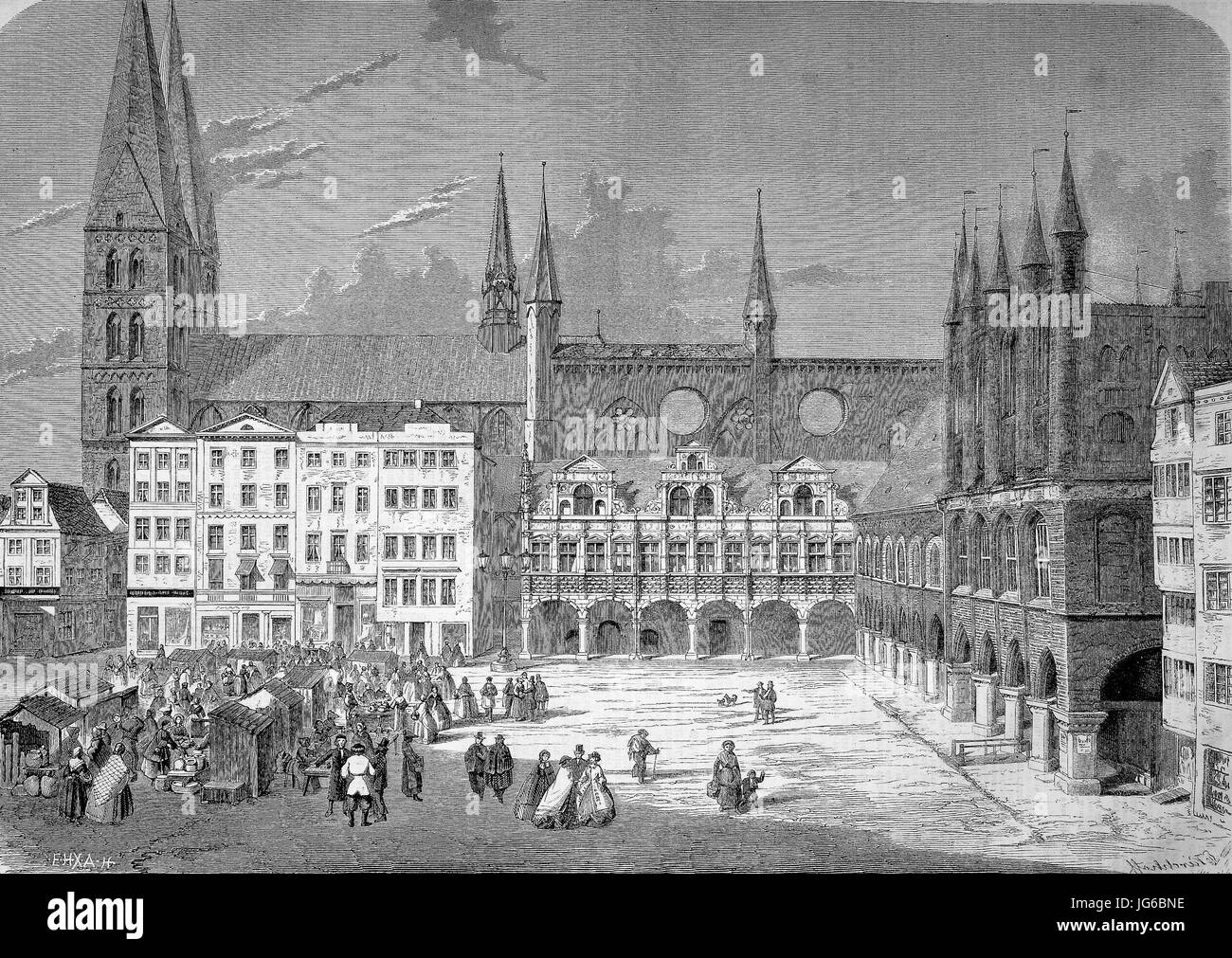 Amélioré : numérique, de l'hôtel de ville et Eglise St Mary et de l'hôpital de l'Esprit Saint, Luebeck, place du marché, Schleswig-Holstein, Allemagne, illustration du 19ème siècle Banque D'Images