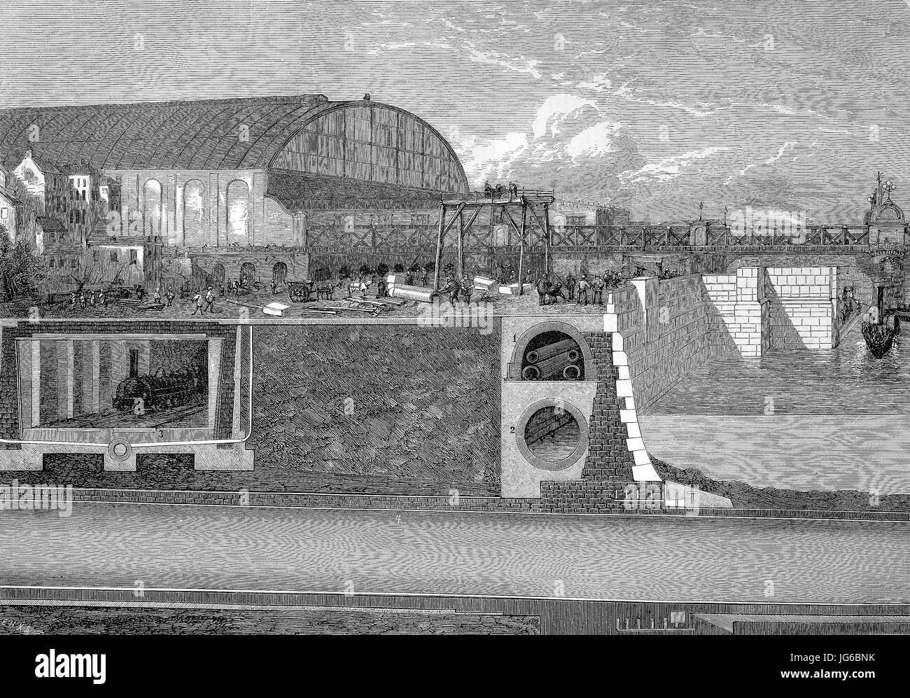 Amélioration numérique :, le barrage de la Tamise, Londres, Angleterre, et le métro avec gas pipeline, pipeline, l'eau du canal de télégraphe, cloaque, métro et train pneumatique, illustration du 19ème siècle Banque D'Images