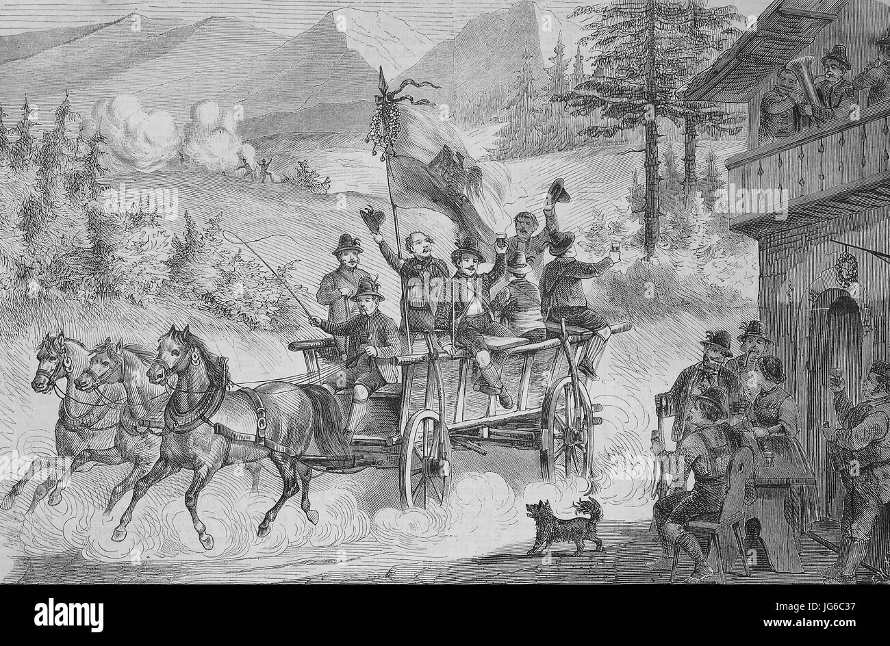 Amélioration numérique : les tireurs, à partir de la vallée de Pusteria, Tyrol du Sud, sur la voie avec un coach pour le troisième tir Fédéral Allemand Festival, festival de tir en 1868, Vienne, Autriche, de l'illustration du xixe siècle Banque D'Images Amélioration numérique : les tireurs, à partir de la vallée de Pusteria, Tyrol du Sud, sur la voie avec un coach pour le troisième tir Fédéral Allemand Festival, festival de tir en 1868, Vienne, Autriche, de l'illustration du xixe siècle Banque D'Images