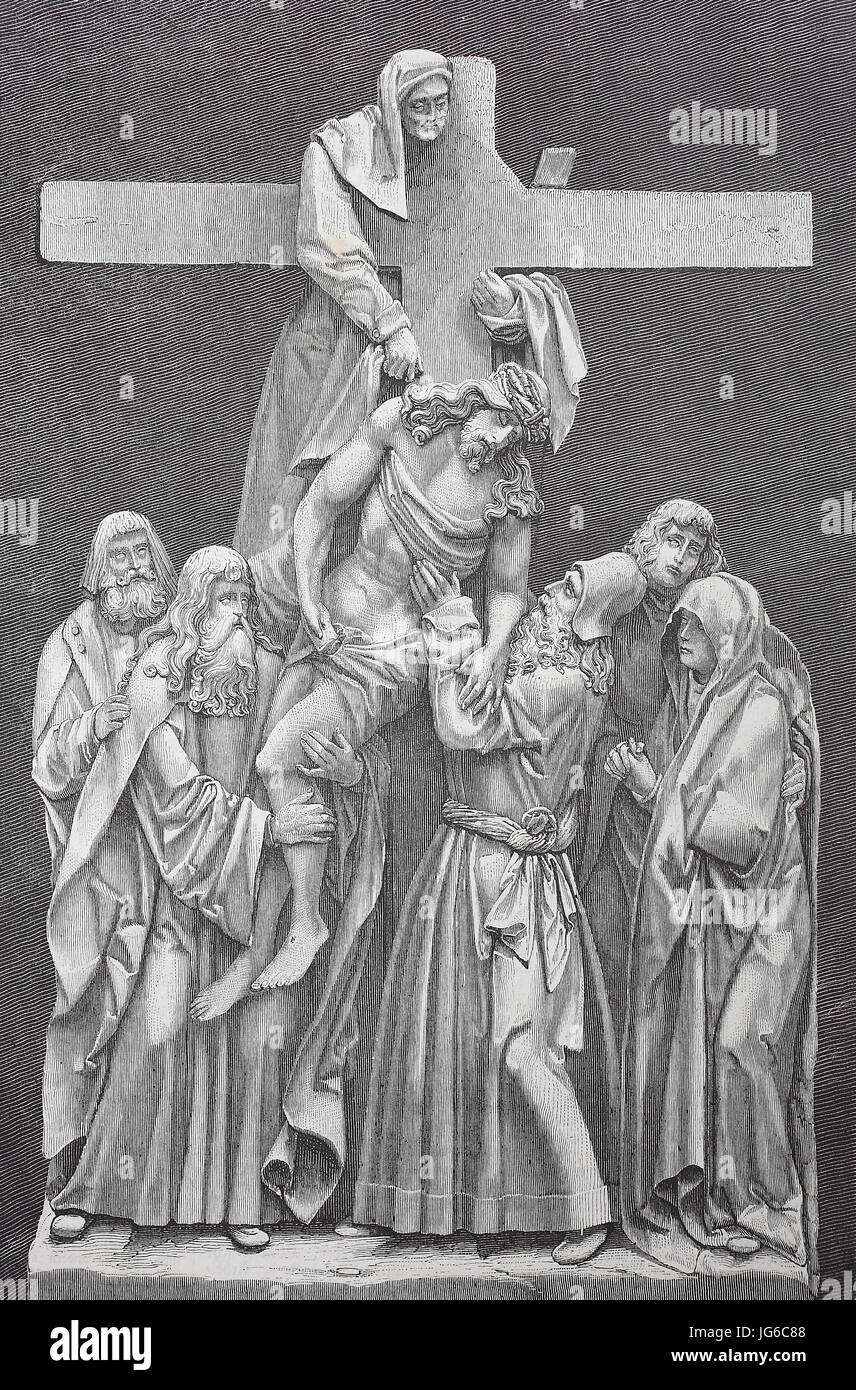 Amélioré : numérique, la descente de la Croix, ou des dépôts de Christ, est la scène, comme représenté dans l'art, à partir de la comptabilité des Évangiles de Joseph d'Arimathie et Nicodème en tenant de la croix du Christ après sa crucifixion, ici un relief de l'église de Hanau, Allemagne, illustration du 19ème siècle Banque D'Images