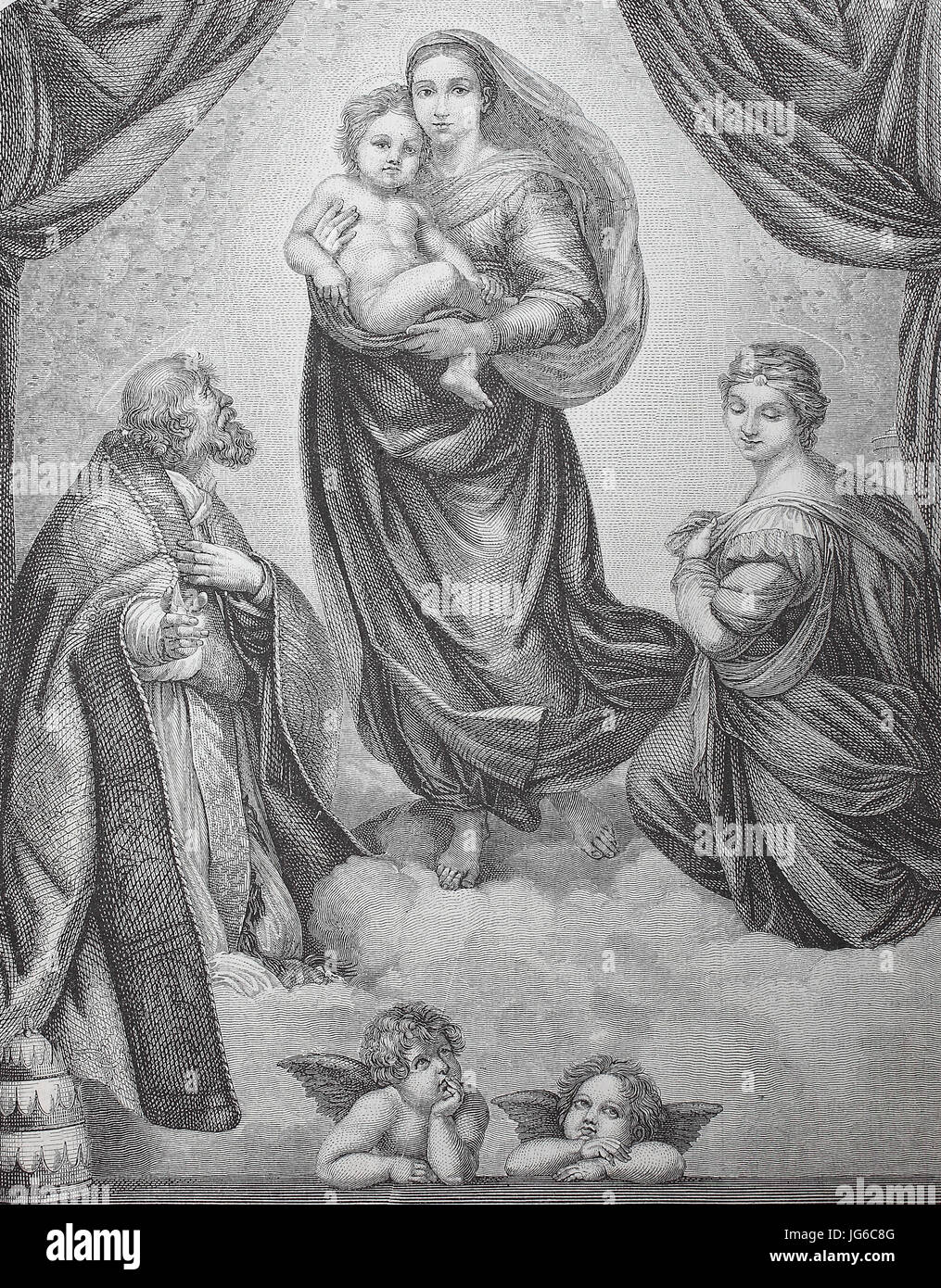 Amélioration numérique :, La Vierge Sixtine, aussi appelée la Madonna di San Sisto, est une peinture à l'huile par l'artiste italien Raphael Sanzio, illustration du 19ème siècle Banque D'Images