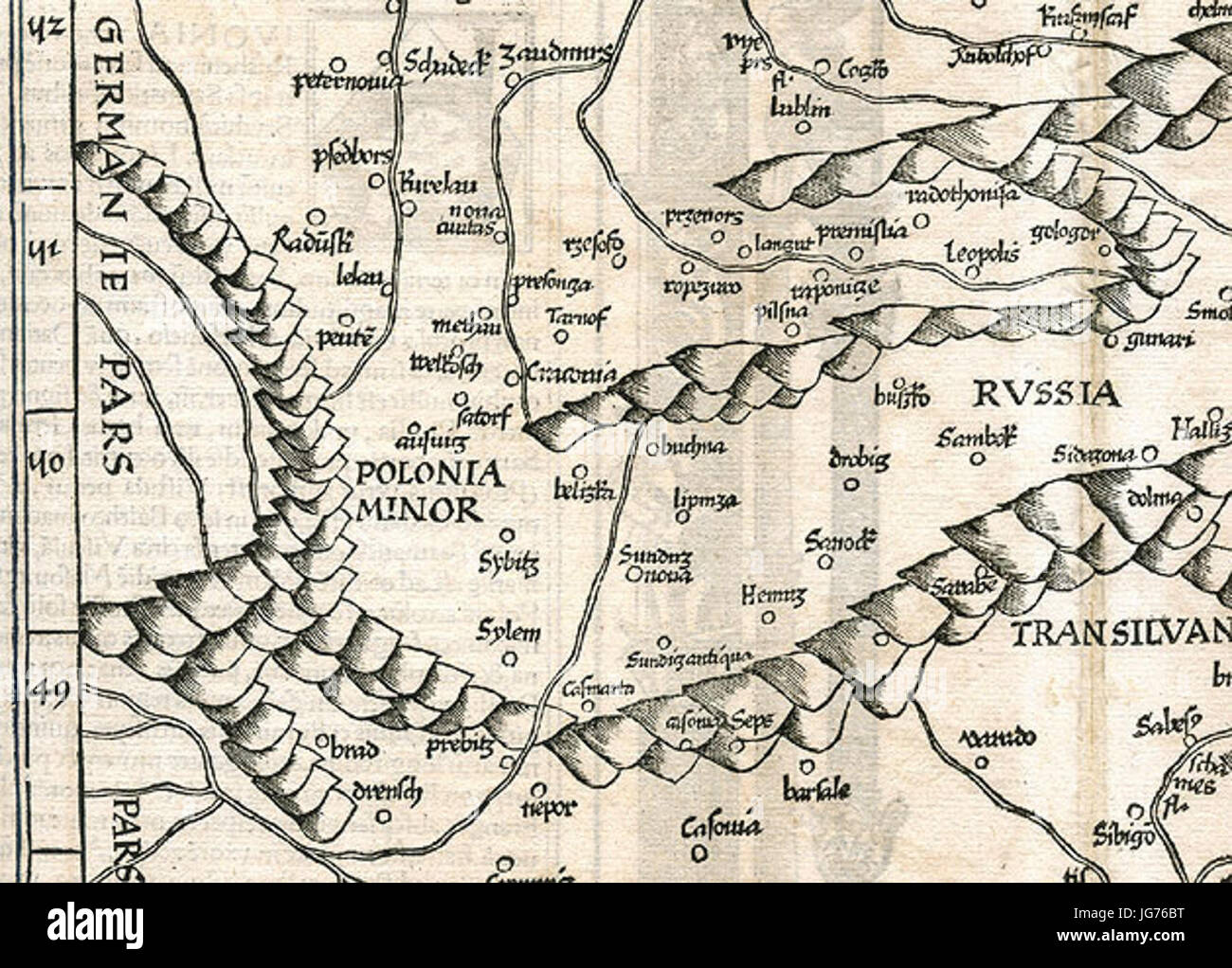 Wegier Mapa Polski Prus j'Woloszczyzny strassburskie czwarte 1525. ptolemejskiej Waldseemüllera wydanie mapy z 1507 zamieszczone wydaniu r.w dziela Claudii Ptolemaei Geographicae enarrationis. Banque D'Images
