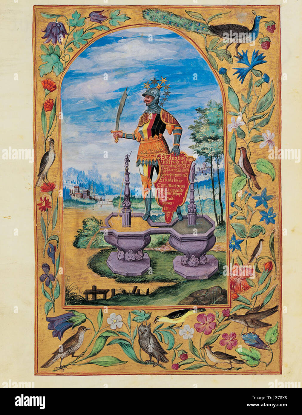 Splendor Solis - Traité d'Alchimie - Le Chevalier sur la double fontaine Banque D'Images