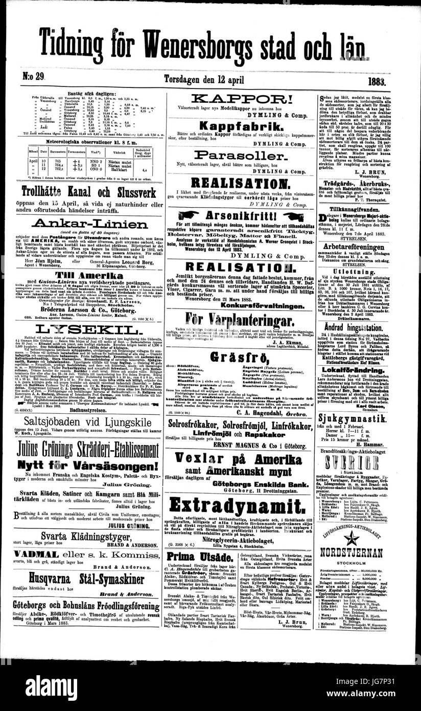 Tidning för Wenersborgs stad och län 1883-04-12 1 Banque D'Images Tidning för Wenersborgs stad och län 1883-04-12 1 Banque D'Images