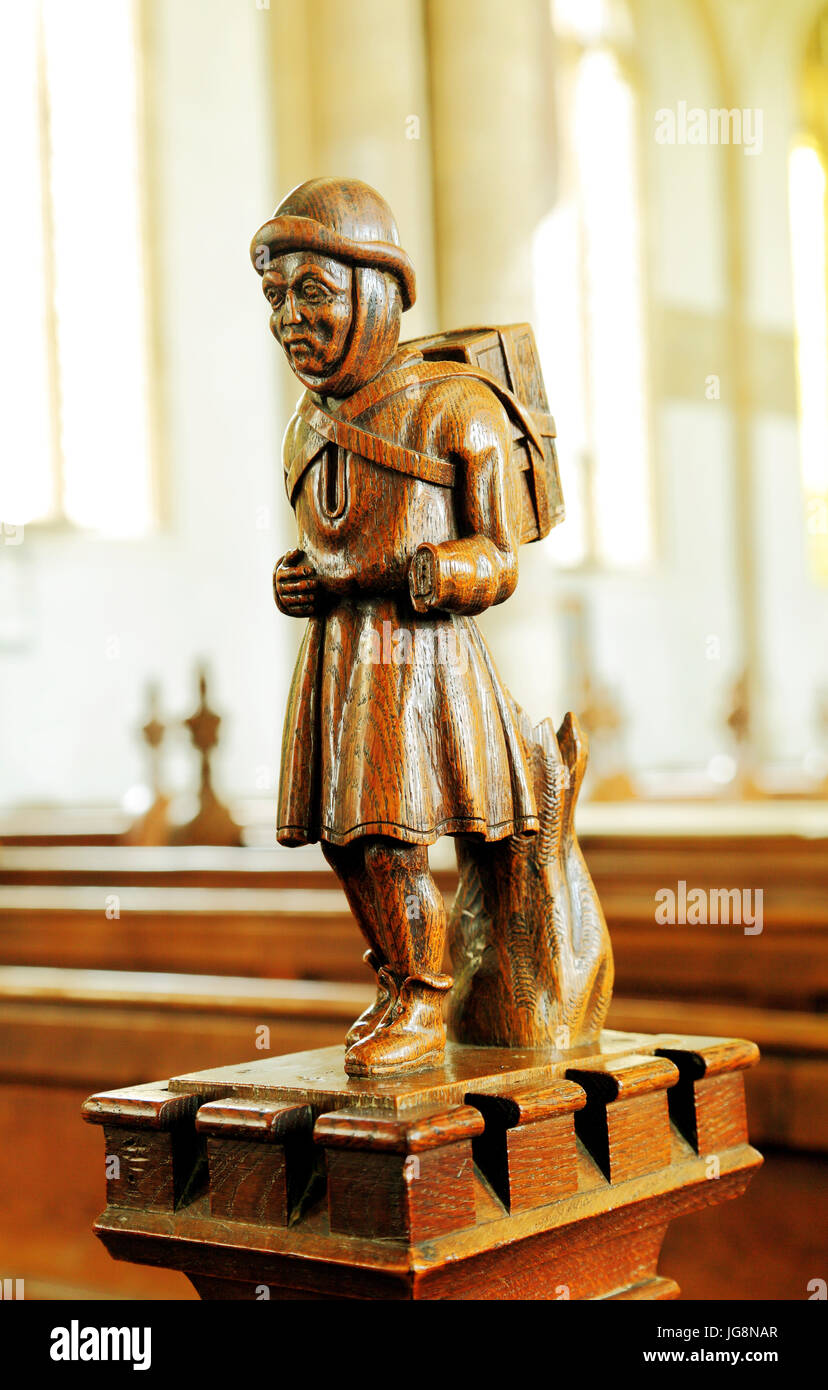 Le Colporteur Swaffham, la sculpture sur bois, église, Swaffham Norfolk, England, UK Banque D'Images