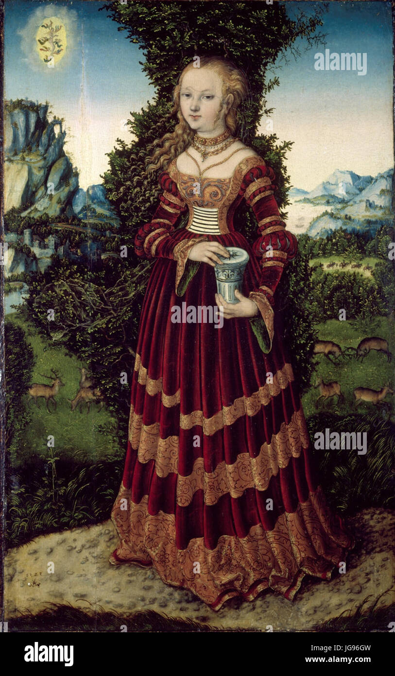 Cette peinture de Lucas Cranach l'ancien, 'Die heilige Maria Magdalena', dépeint Marie-Madeleine dans un cadre religieux. Il illustre le style de Cranach à la Renaissance, soulignant sa maîtrise du portrait religieux. Banque D'Images