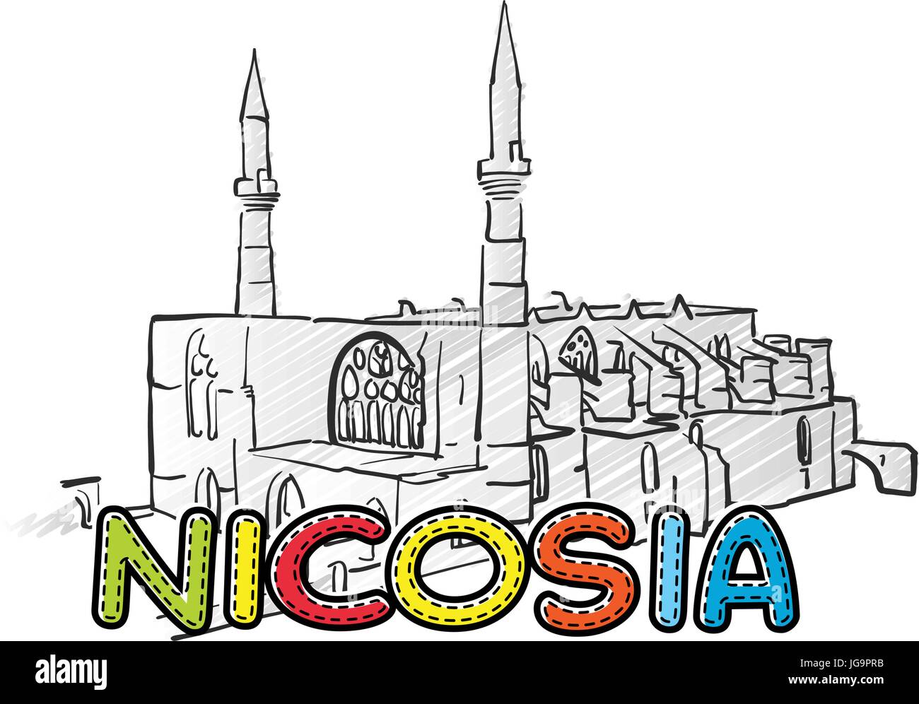 Belle icône de Nicosie a esquissé, dessiné à la main famaous monument, nom de ville lettrage, vector illustration Illustration de Vecteur