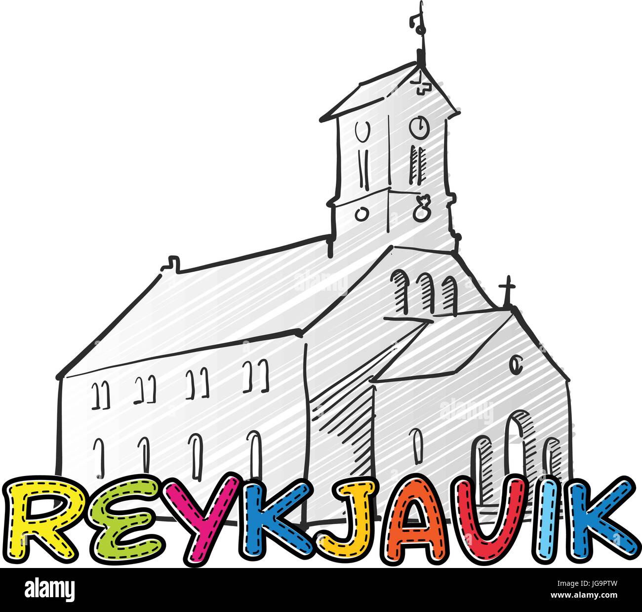 Belle icône de Reykjavik a esquissé, dessiné à la main famaous monument, nom de ville lettrage, vector illustration Illustration de Vecteur