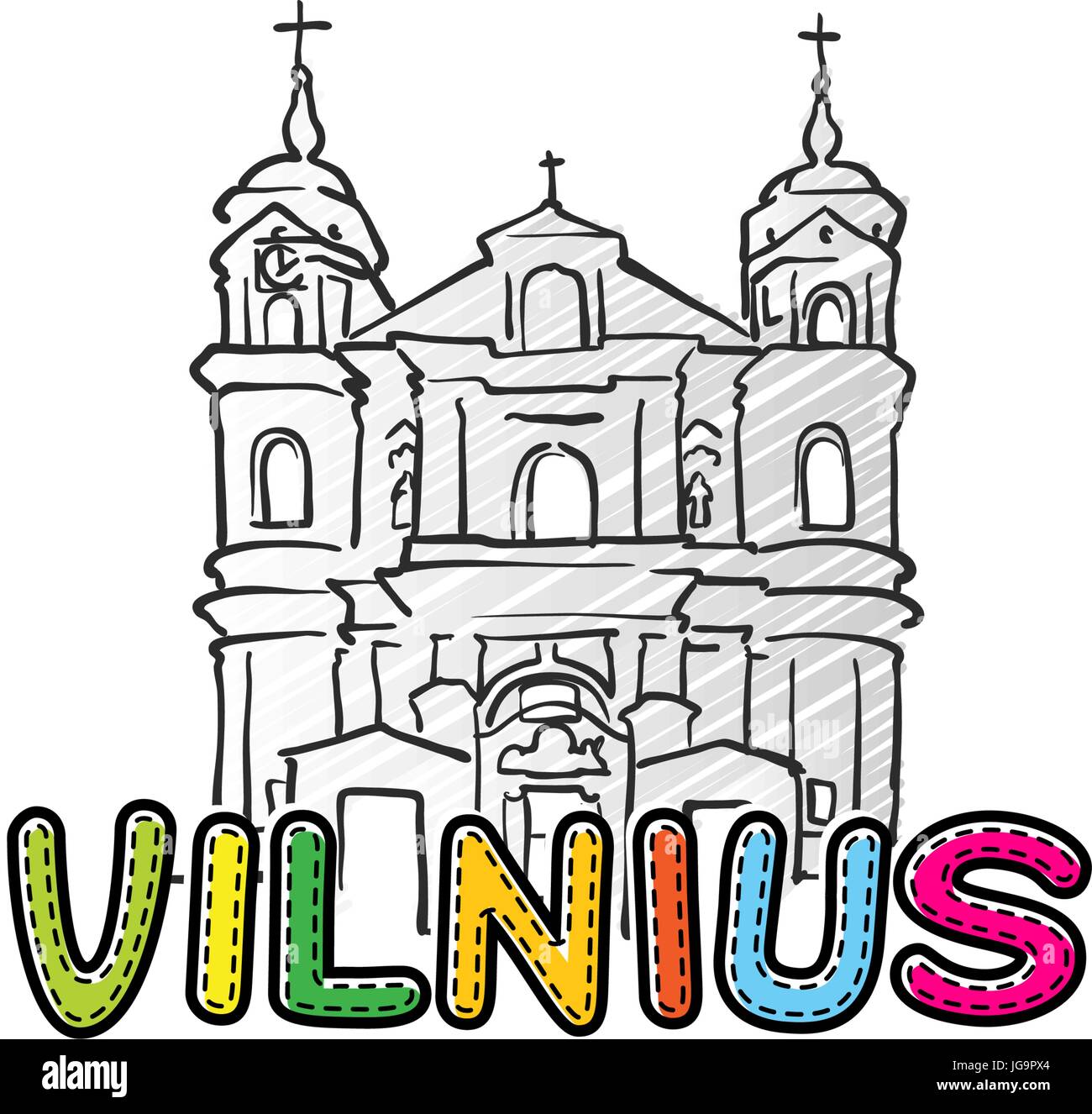 Belle icône de Vilnius a esquissé, dessiné à la main famaous monument, nom de ville lettrage, vector illustration Illustration de Vecteur