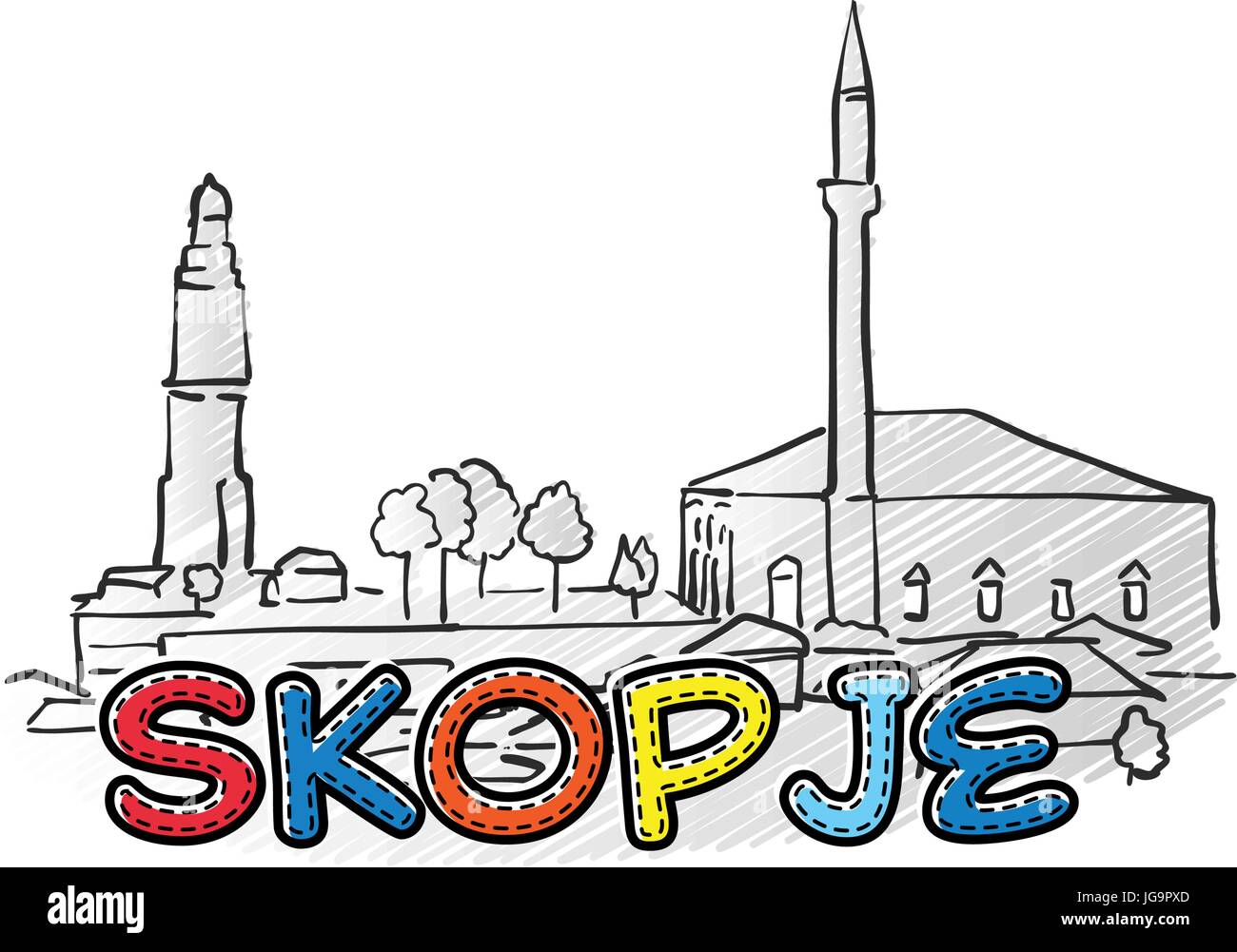 Belle icône de Skopje a esquissé, dessiné à la main famaous monument, nom de ville lettrage, vector illustration Illustration de Vecteur