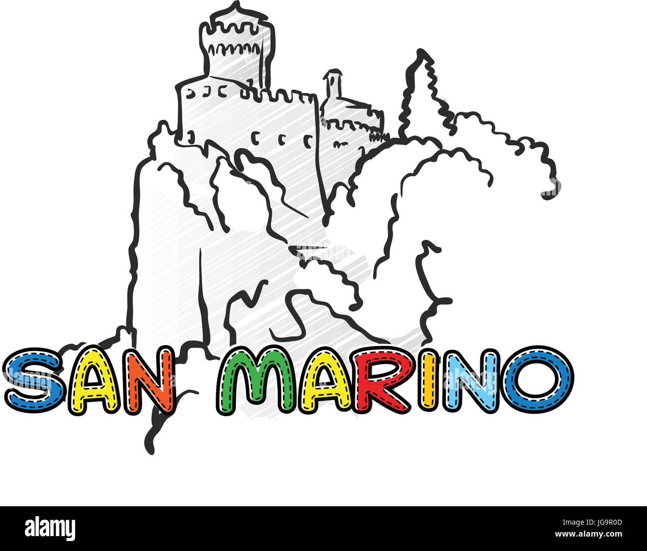 Saint-marin belle icône esquissé, dessiné à la main famaous monument, nom de ville lettrage, vector illustration Illustration de Vecteur