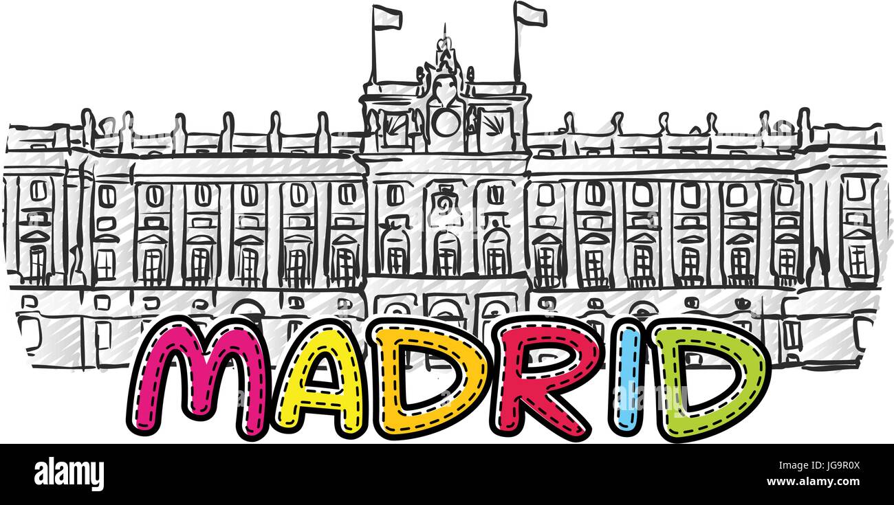 Belle icône de Madrid a esquissé, dessiné à la main famaous monument, nom de ville lettrage, vector illustration Illustration de Vecteur