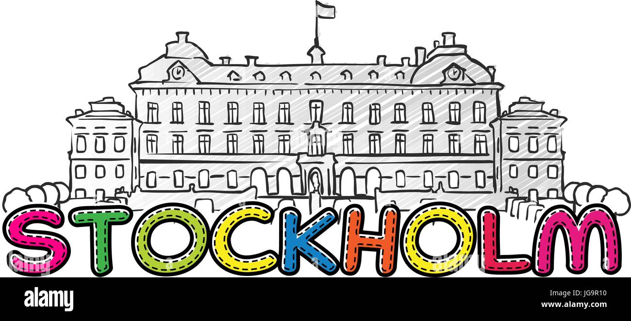 Belle icône de Stockholm a esquissé, dessiné à la main famaous monument, nom de ville lettrage, vector illustration Illustration de Vecteur