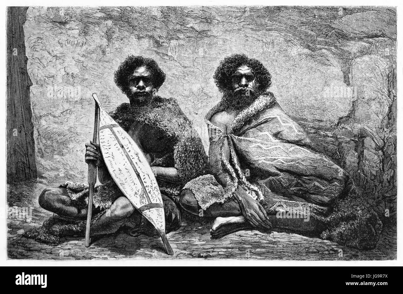 Ancien portrait gravé d'aborigènes australiens. Créé par Riou et Maurand après photo d'auteur inconnu, publié sur le Tour du Monde, Paris, 1861 Banque D'Images