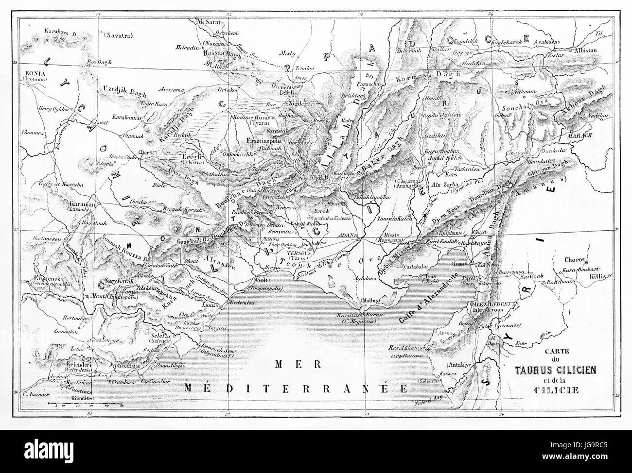 Carte ancienne de la Cilicie et de la région des montagnes du Taurus, en Turquie. Créé par Vullemin, Erhard et Bonaparte, publié sur le Tour du Monde, Paris, 1861 Banque D'Images