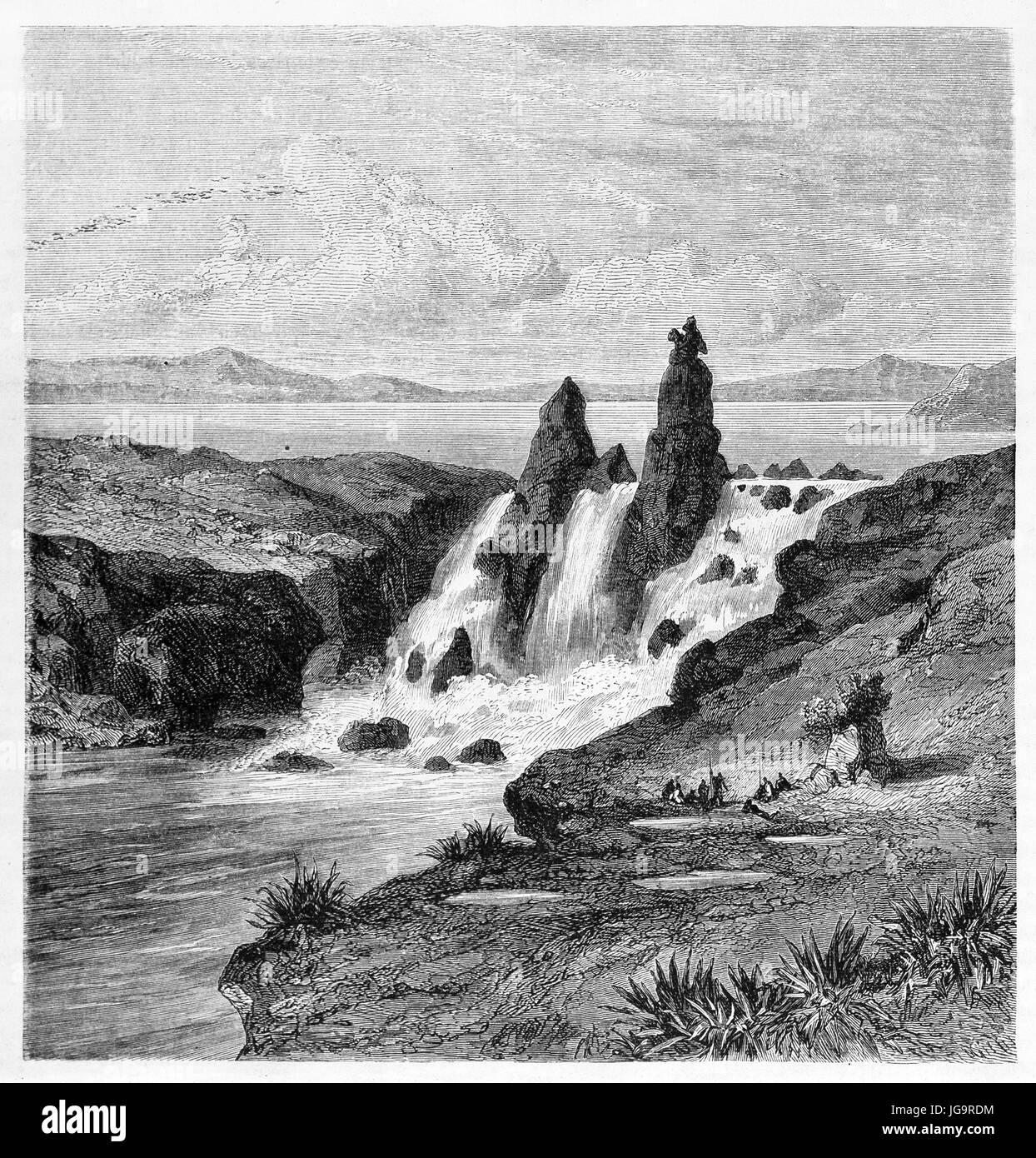 Vue ancienne de Félou falls, le long du fleuve Sénégal, Mali. Créé par de Bérard après Nouveaux, publié sur le Tour du Monde, Paris, 1861 Banque D'Images