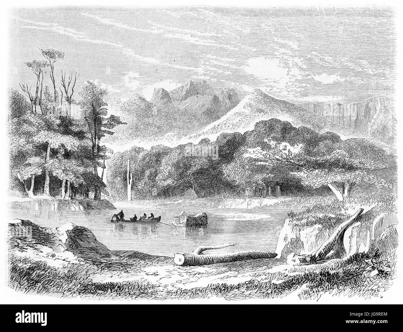 Vieille illustration de Gennes river, au Chili. Créé par De Bèrard, publié sur le Tour du Monde, Paris, 1861 Banque D'Images