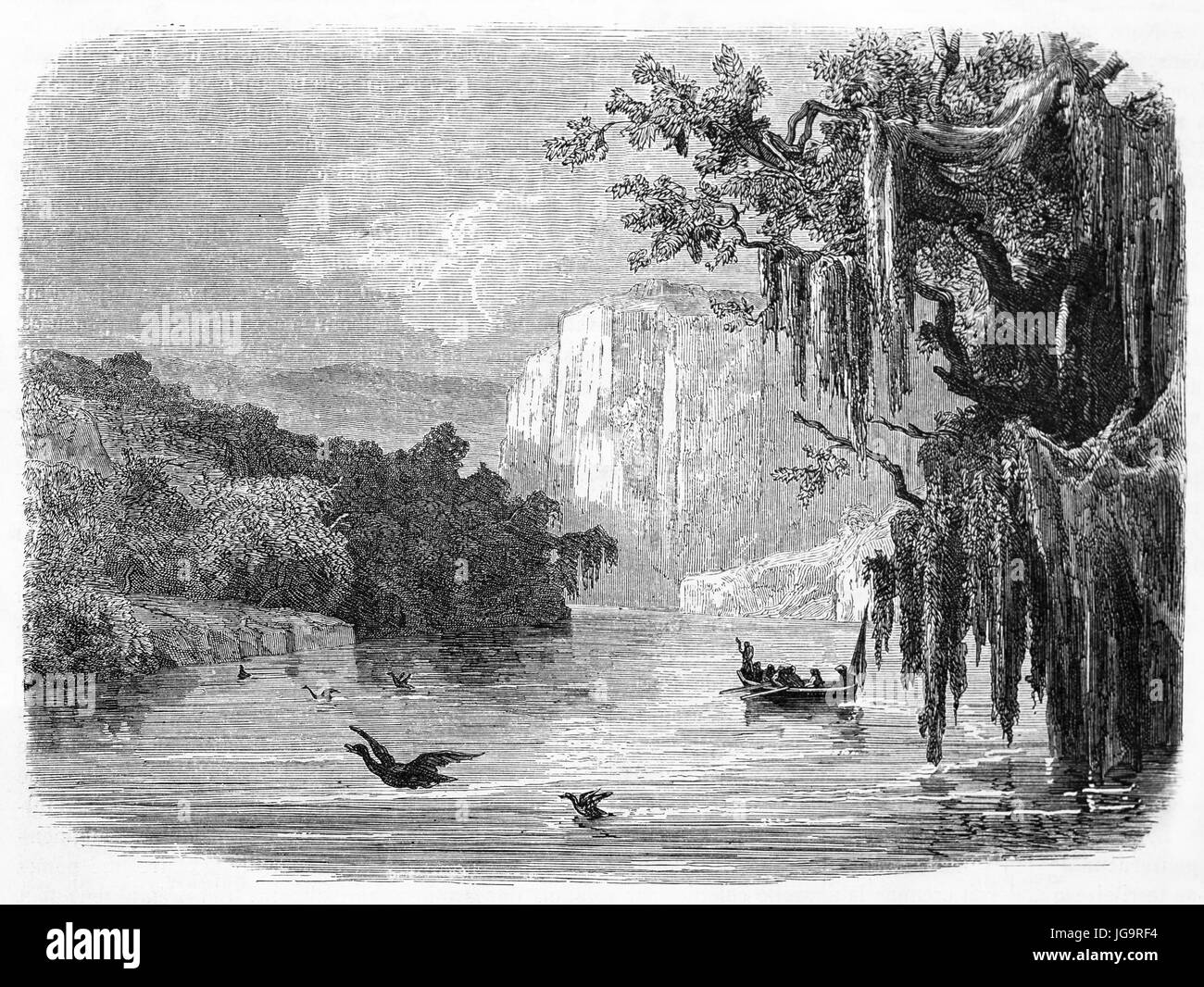 Vue ancienne de la rivière Glenelg, état de Victoria, Australie. Créé par Francais et Pannemaker après Mitchell, publié sur le Tour du Monde, Paris, 1861 Banque D'Images