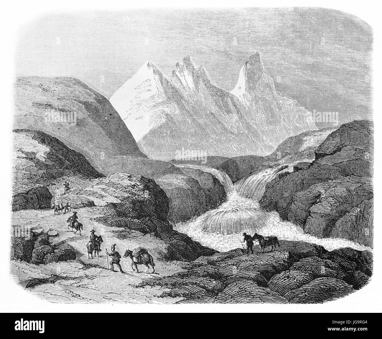 Vue ancienne de Horuntinderna ( ?) des pics, la Norvège. Créé par Saint-Blaise, publié sur le Tour du Monde, Paris, 1861 Banque D'Images