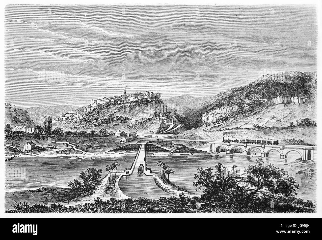 Canal et chemin de fer reliant à Liverdun sur une colline entourée d'un vaste paysage naturel, la France. Art de style gravure par Lancelot, 1861 Banque D'Images