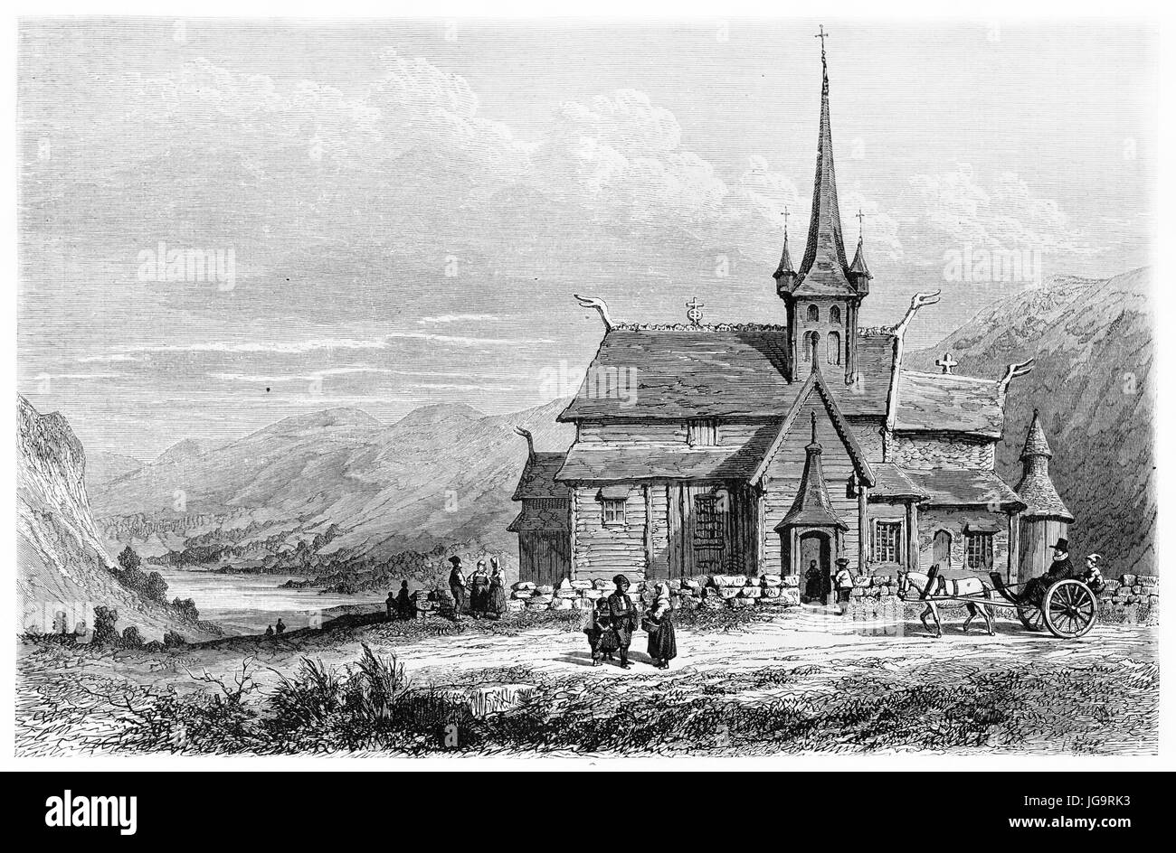 L'église en bois pointée de LOM, en Norvège, face à un vaste paysage de montagne. Art de style gravure de tons gris antique par Girardet, le Tour du monde, 1861 Banque D'Images