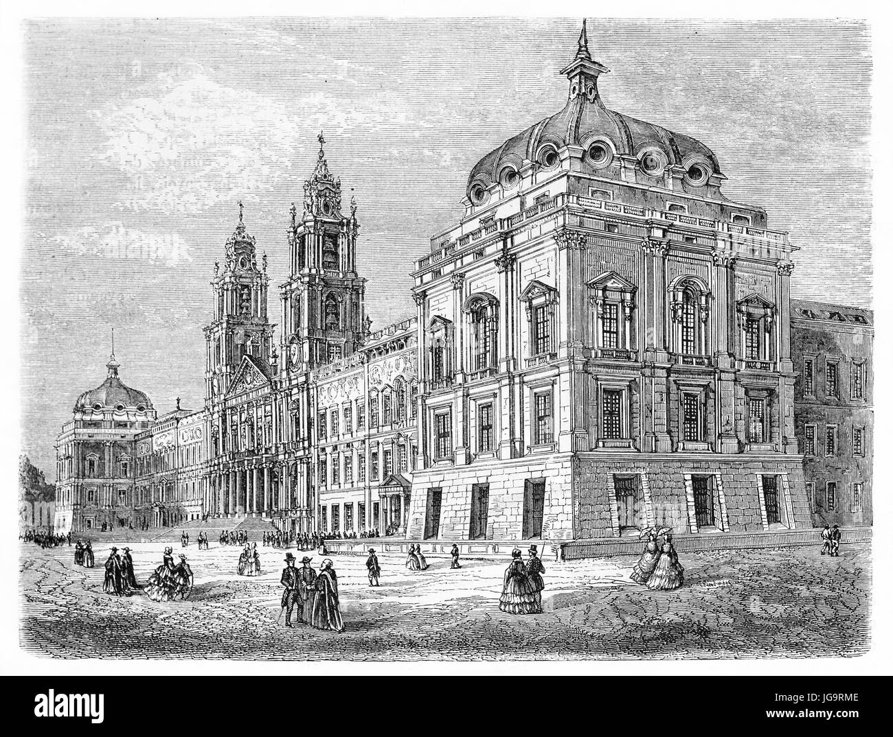 Vue angulaire globale de l'élégante architecture du Palais national de Mafra, Portugal. Art de style gravure de tons gris antique par Catenacci, 1861 Banque D'Images