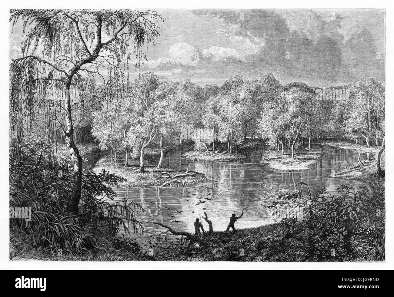 Murray River calme eau débordent dans le paysage naturel bucolique, Australie. Art de style gravure de tons gris anciens par Francais, le Tour du monde, 1861 Banque D'Images