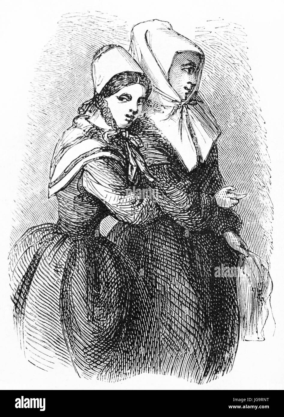 Deux femmes norvégiennes s'embrassant du dos, un foulard et de longs vêtements habillés. Art de style gravure de ton gris antique par un auteur non identifié, 1861 Banque D'Images Deux femmes norvégiennes s'embrassant du dos, un foulard et de longs vêtements habillés. Art de style gravure de ton gris antique par un auteur non identifié, 1861 Banque D'Images