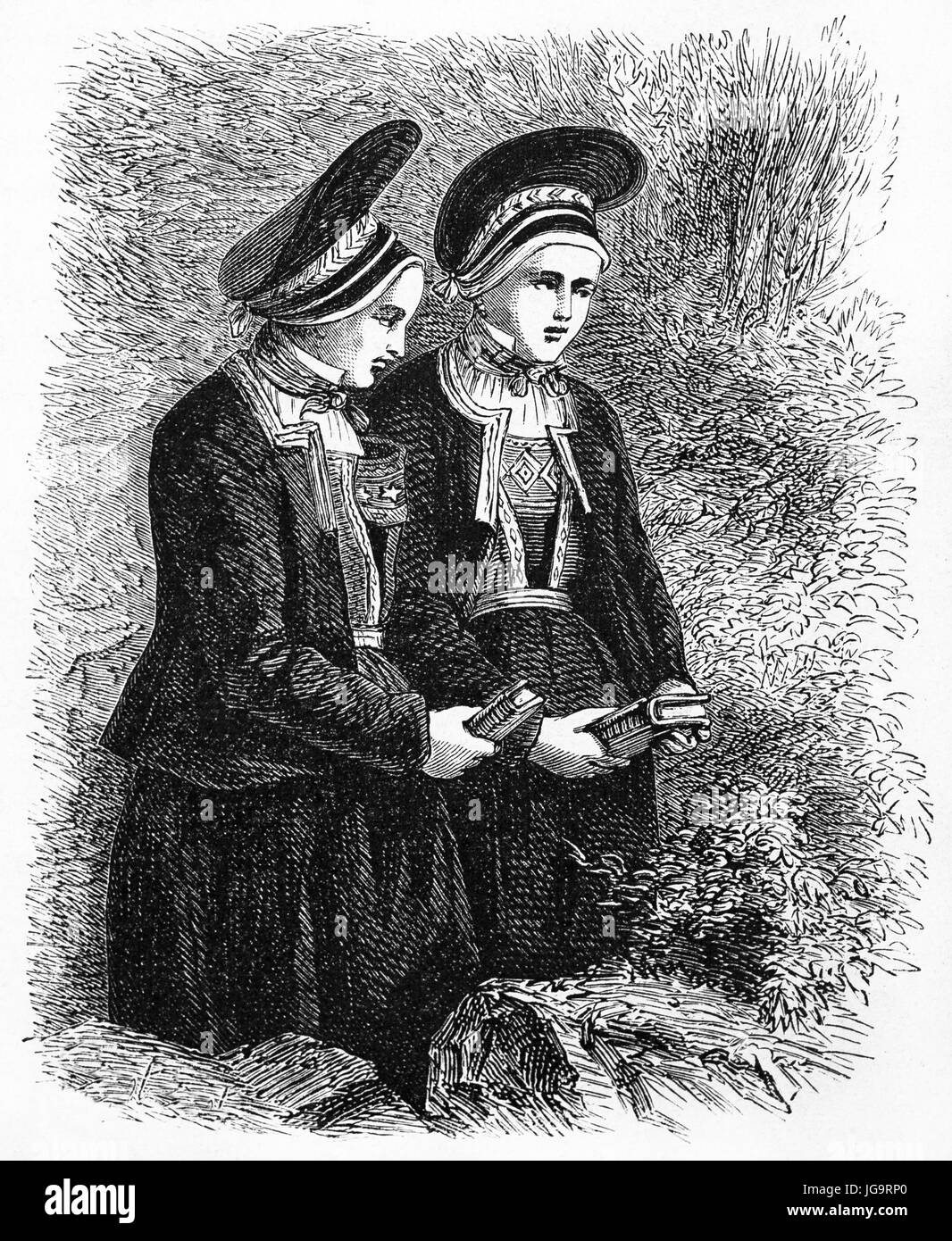 Deux dames vêtues de noir à Stavanger, en Norvège, priant tenant la sainte bible. Art de style gravure de tons gris antique par Huyot, le Tour du monde, Paris, 1861 Banque D'Images