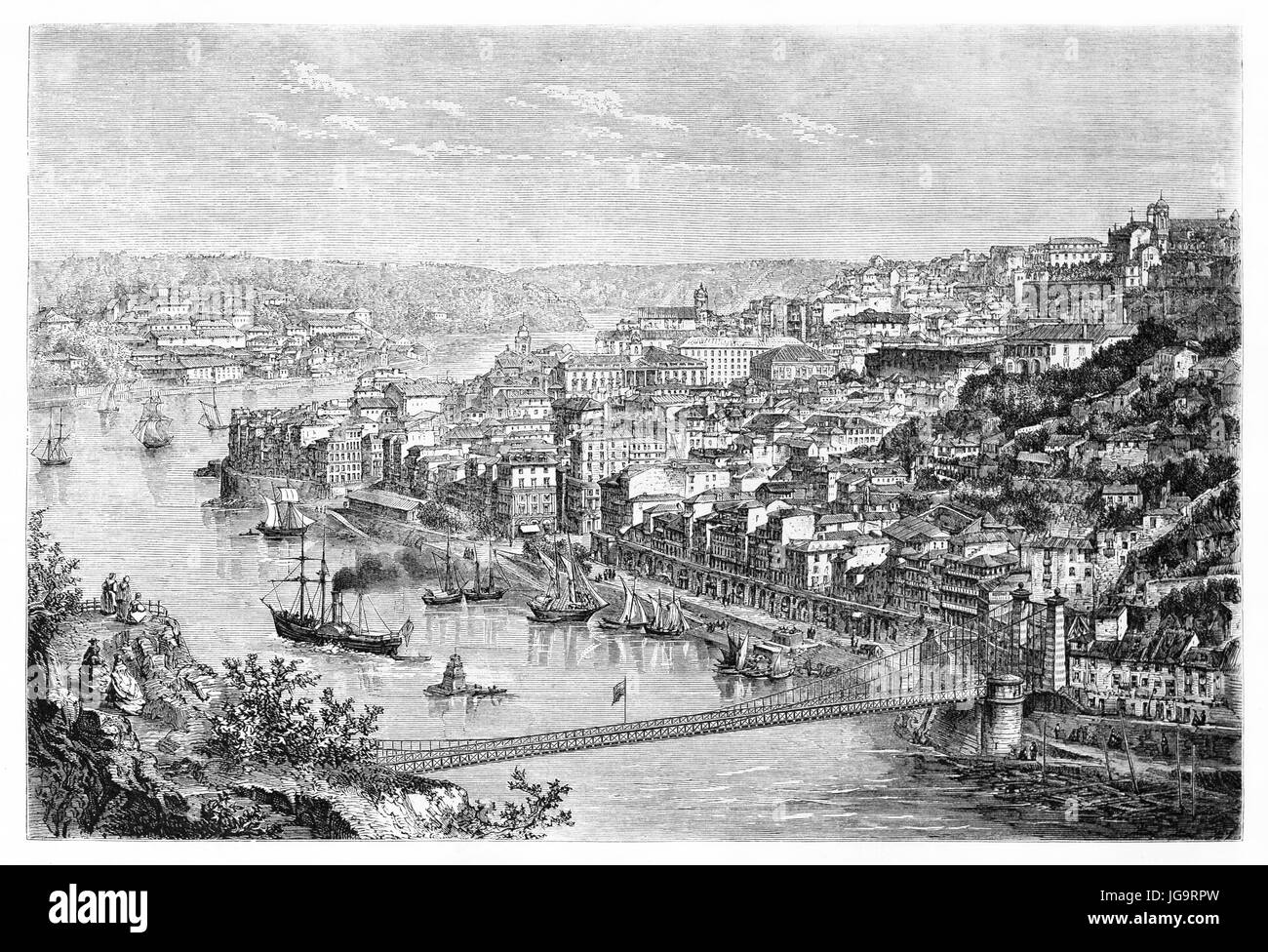 Vue de dessus globale de Porto City, nord du Portugal, surplombant le fleuve Duero. Art de style gravure de tons gris antique par Catenacci, publié sur 1861 Banque D'Images