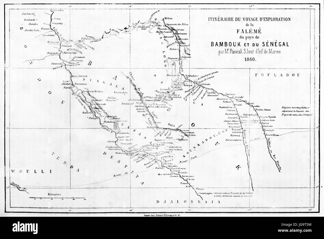 Ancienne carte du Sénégal itinéraire d'exploration par S. L. Pascal (vallée du fleuve Falémé, territoire de Bambouk). Art de style gravure par Erhard et Bonaparte 1861 Banque D'Images