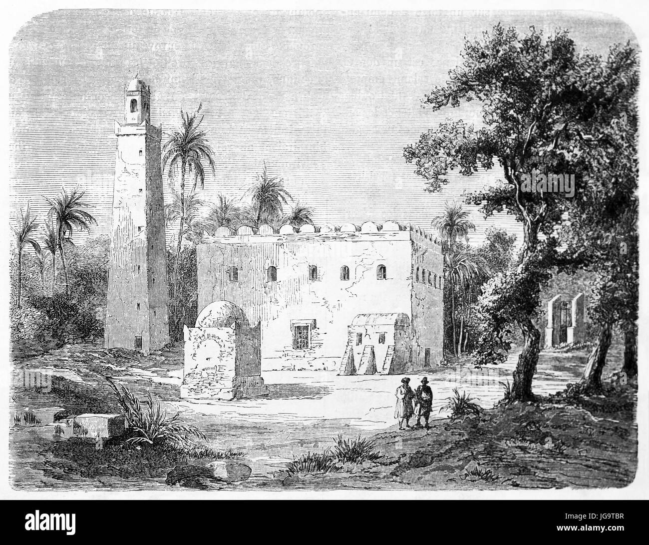 Tajura mosquée blanche dans le paysage africain avec des palmiers, Libye. Art de style gravure de tons gris antique par Hadamard, publié sur le Tour du monde, 1861 Banque D'Images