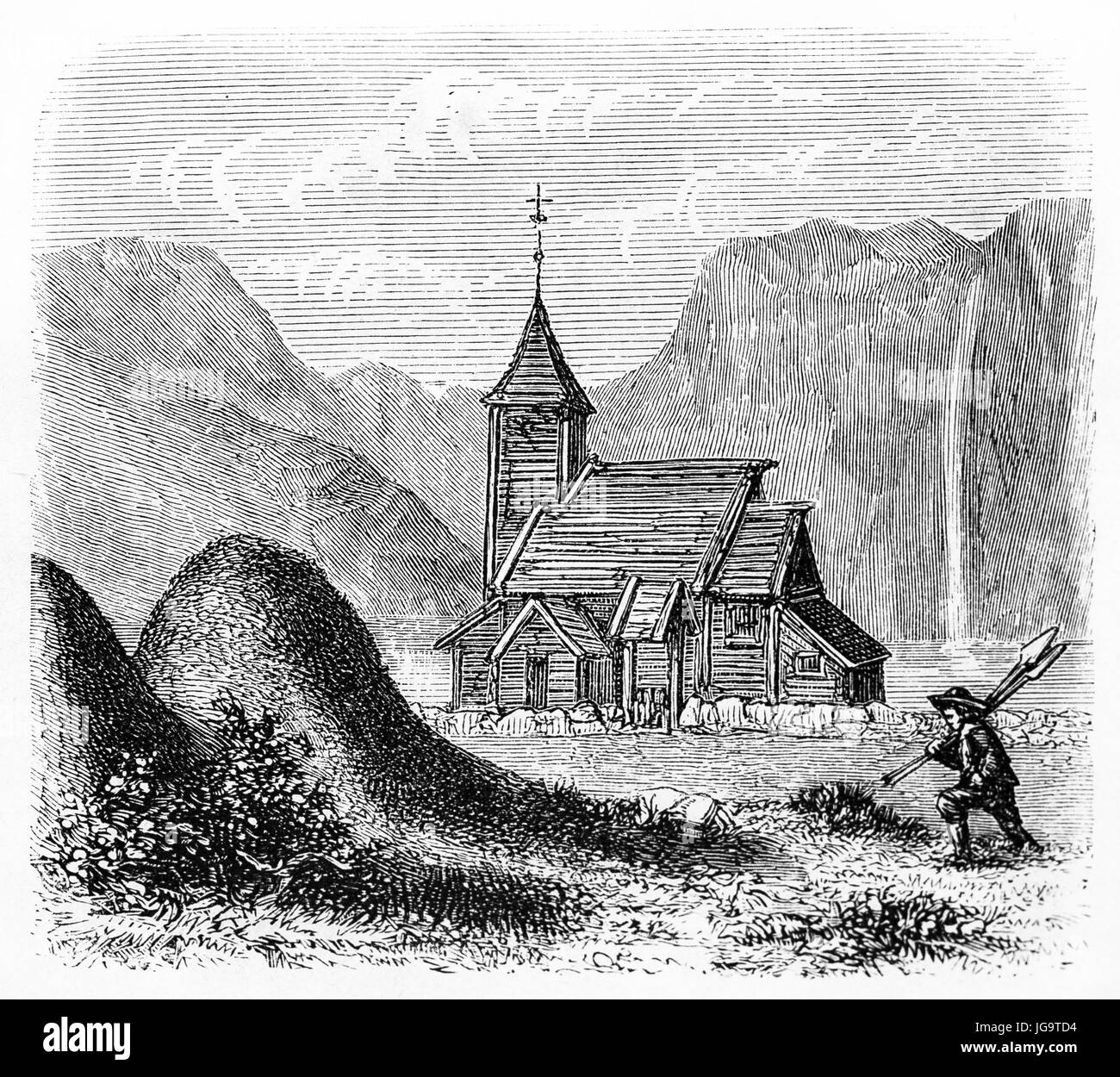 Vue ancienne de l'église de la rive de Vangsnaes, Norvège (actuellement remplacée par un bâtiment de maçonnerie). Art de style gravure de tons gris antique par Huyot, 1861 Banque D'Images