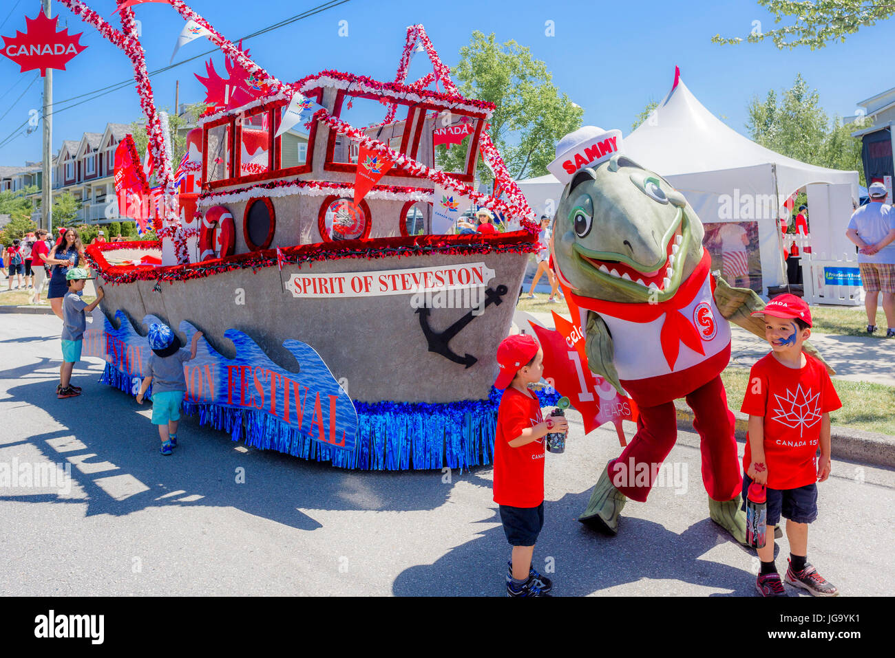 Festival du saumon de Steveston float, village de Steveston, Richmond, British Columbia, Canada. Banque D'Images