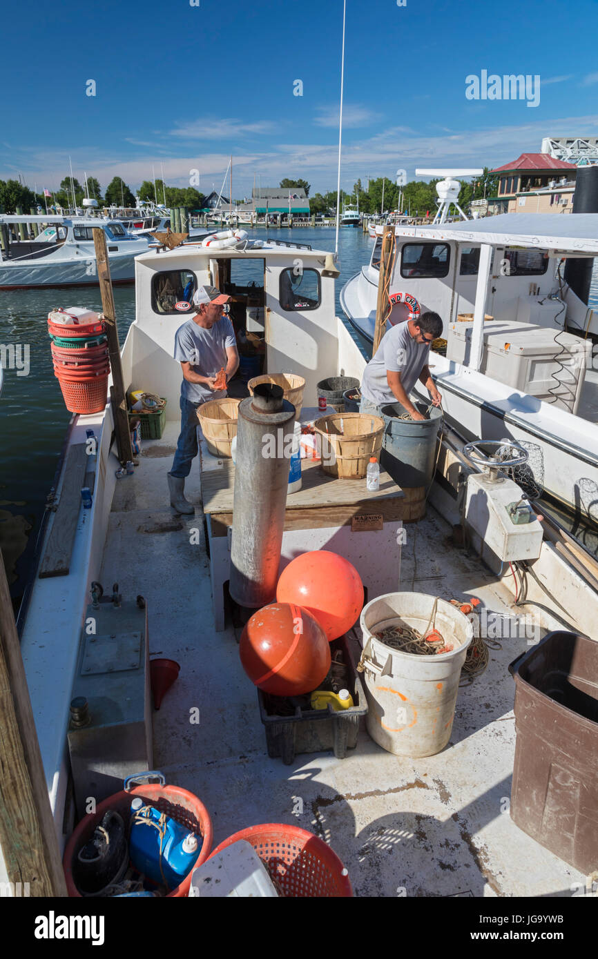 Tilghman Island, Maryland - Commerical pêcheur de crabe dans la baie de Chesapeake appâtent les ligne de pêche aux moules. Banque D'Images