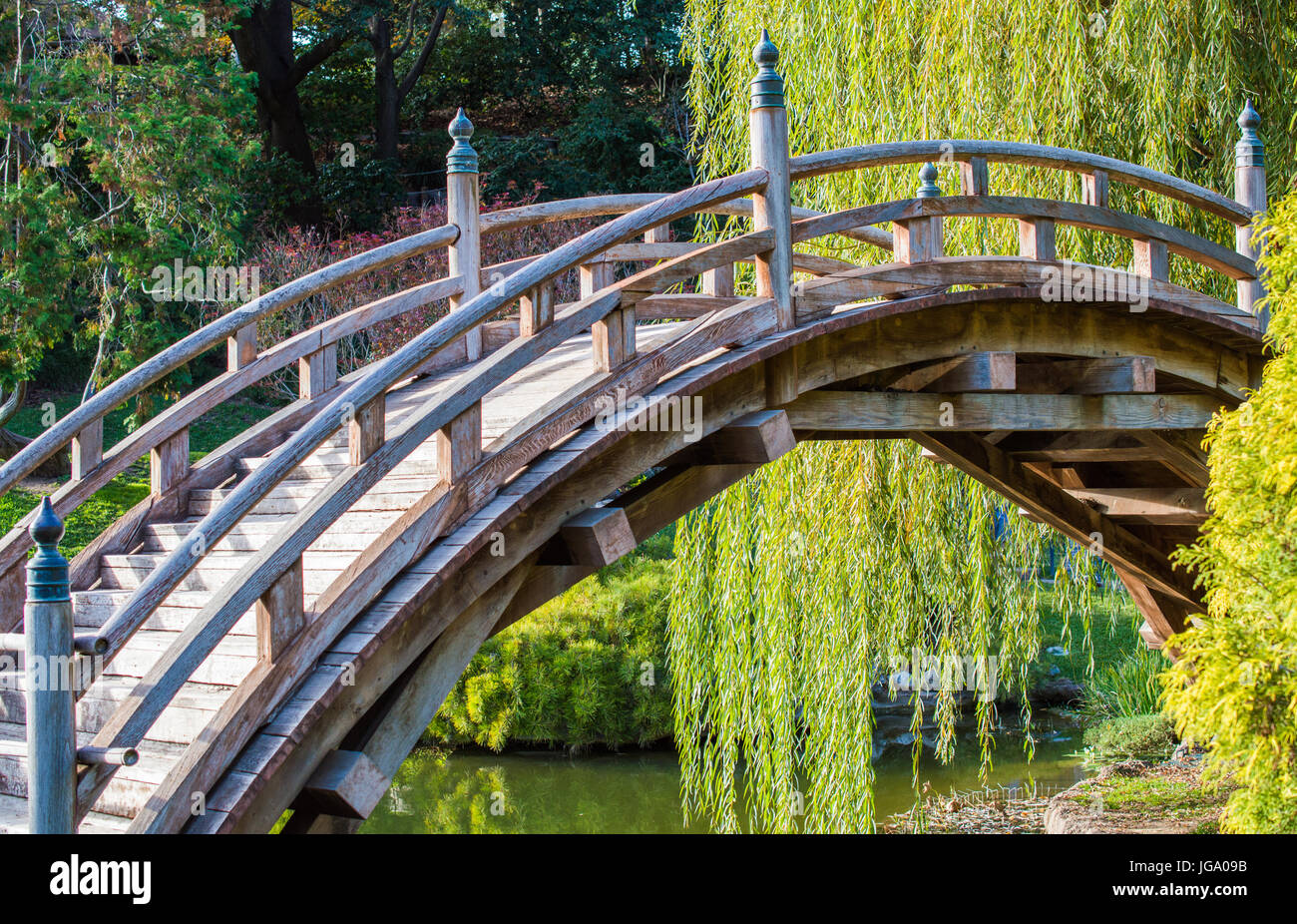 Pont voûté en bois patiné au jardin japonais Photo Stock - Alamy