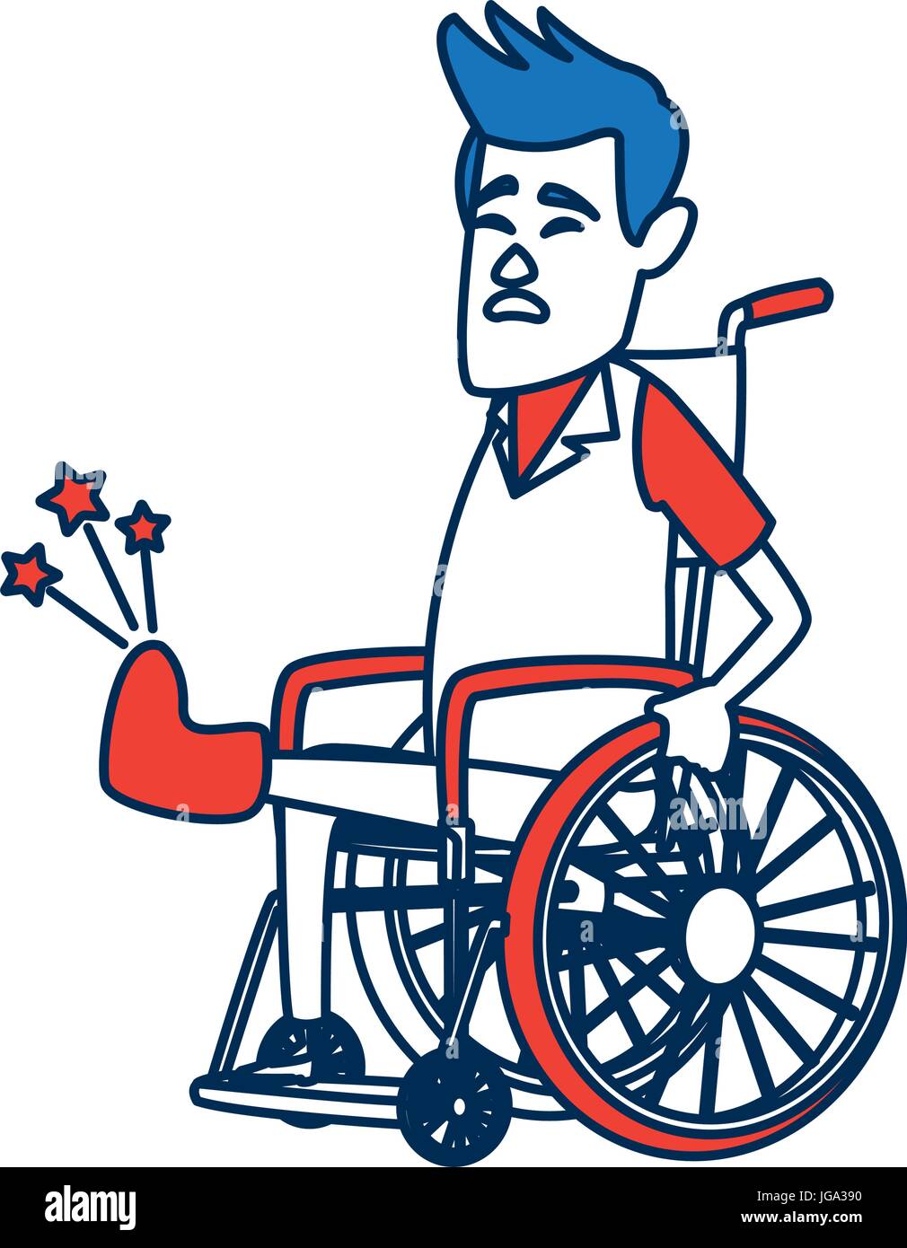 Un homme en fauteuil roulant avec l'os cassé. Un style contemporain. Design plat Vector illustration isolé sur fond blanc. Disposition verticale. Illustration de Vecteur
