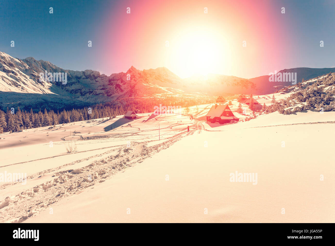 Paysage d'hiver avec coucher de soleil Banque D'Images