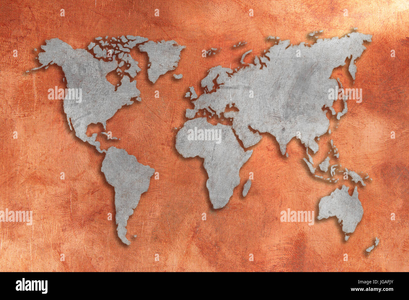 Grunge étamé cuivre carte du monde 3D Banque D'Images