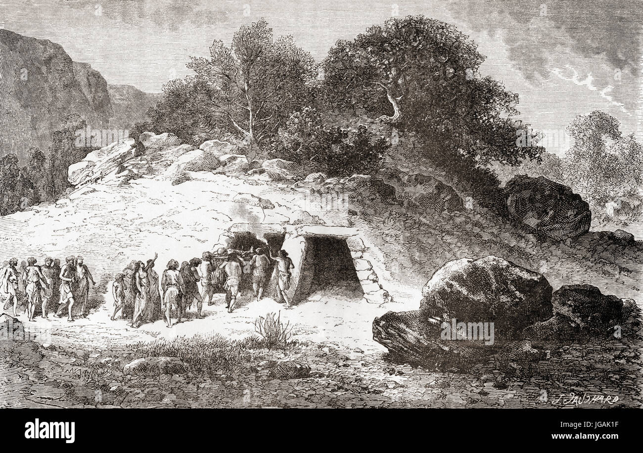 Un tumulus, aka Barrow, tertre ou kurgan, un monticule de terre et de pierres posées sur une tombe ou tombe pendant le Néolithique, Âge de pierre ou de l'âge de la pierre polie. À partir de l'homme primitif, publié en 1870. Banque D'Images