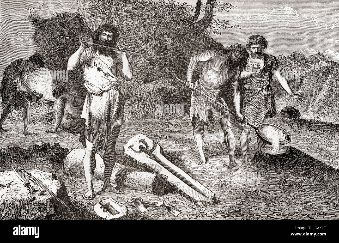Metal Casting hommes pendant l'âge du Bronze. À partir de l'homme primitif, publié en 1870. Banque D'Images