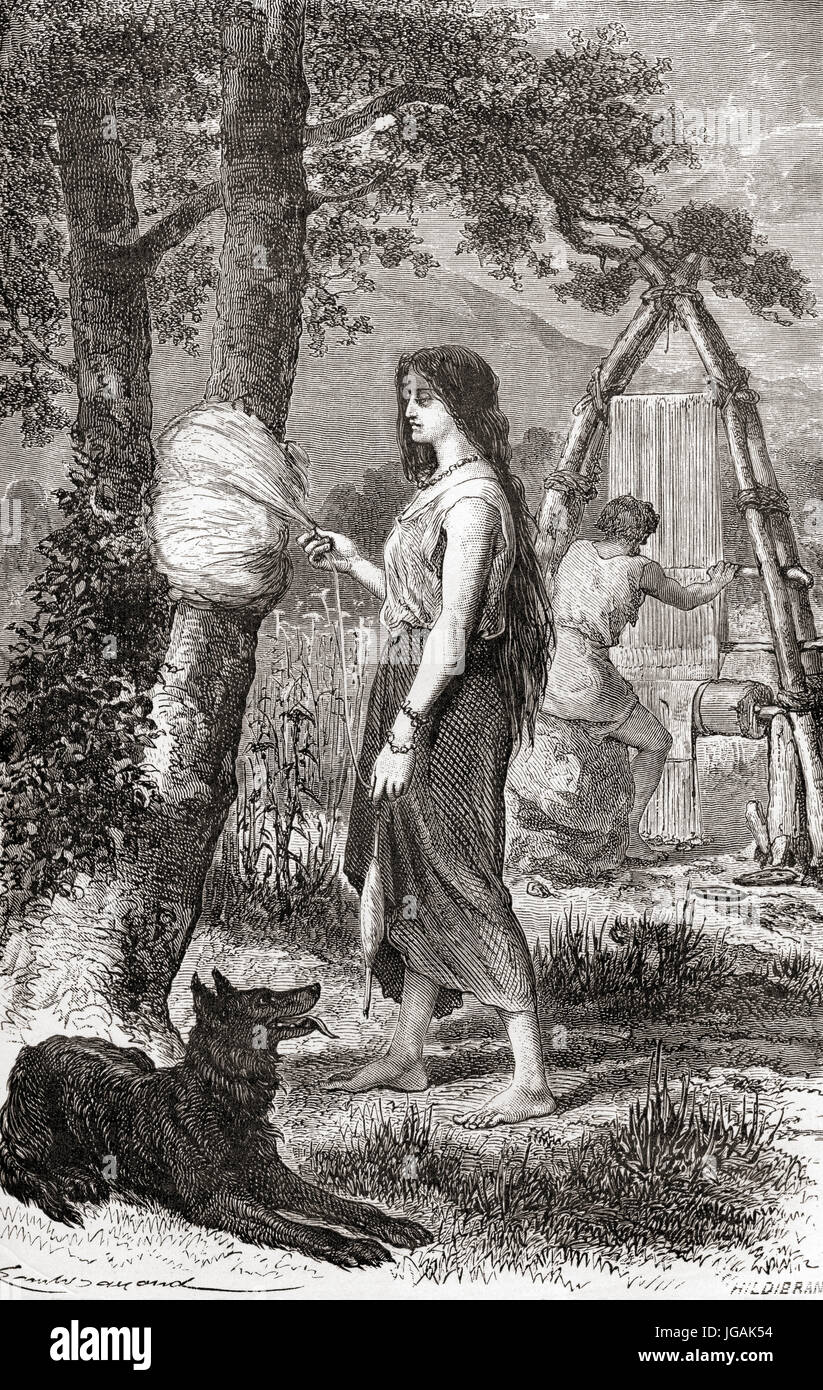 Une femme tissant pendant l'âge du Bronze. À partir de l'homme primitif, publié en 1870. Banque D'Images