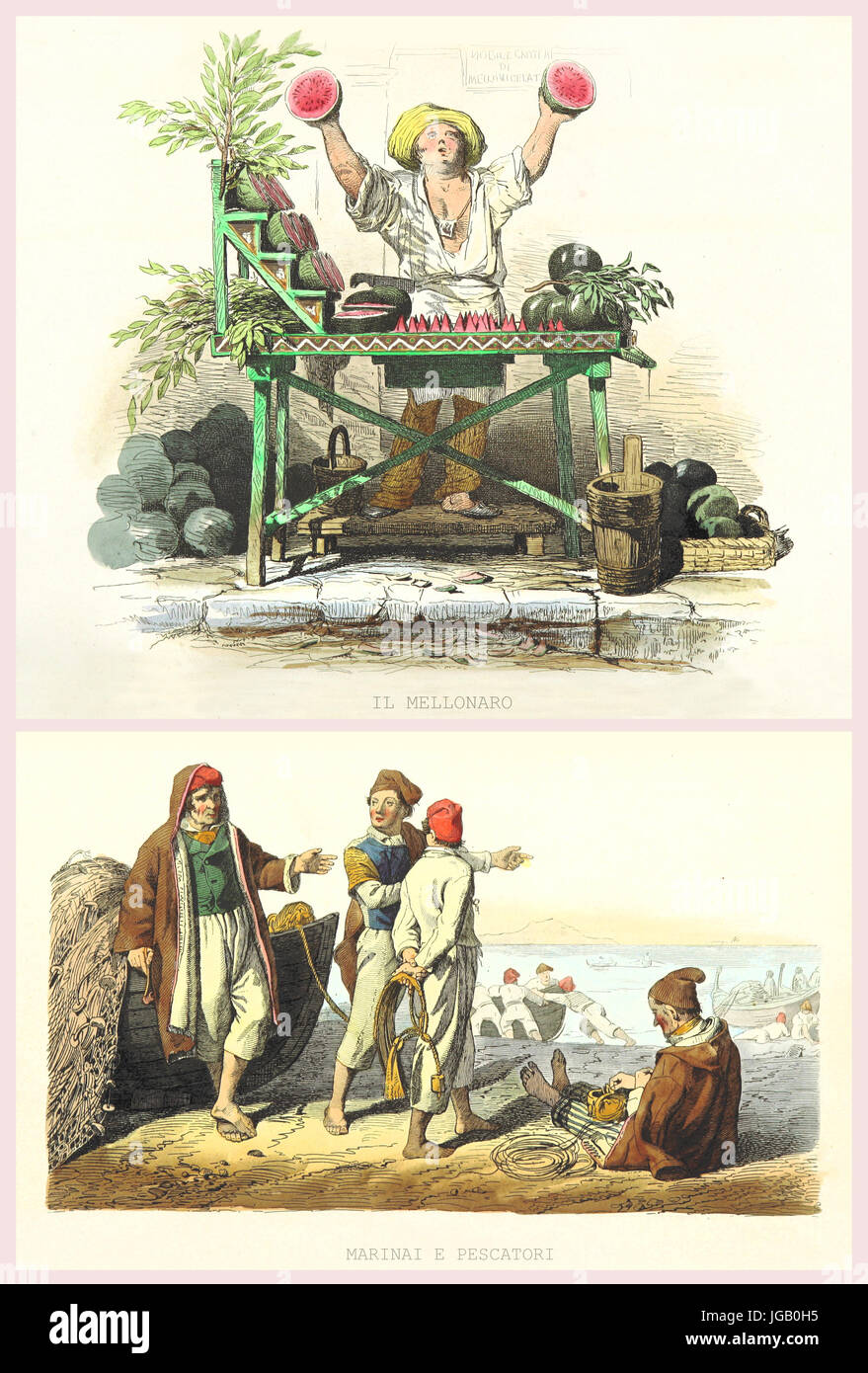 Ancien Double illustration de la vie napolitaine. Duclere, Cucinotta, Palizzi, Martorana, publ. à l'usi e Costumi di Napoli, Napoli, 1853-58... Banque D'Images
